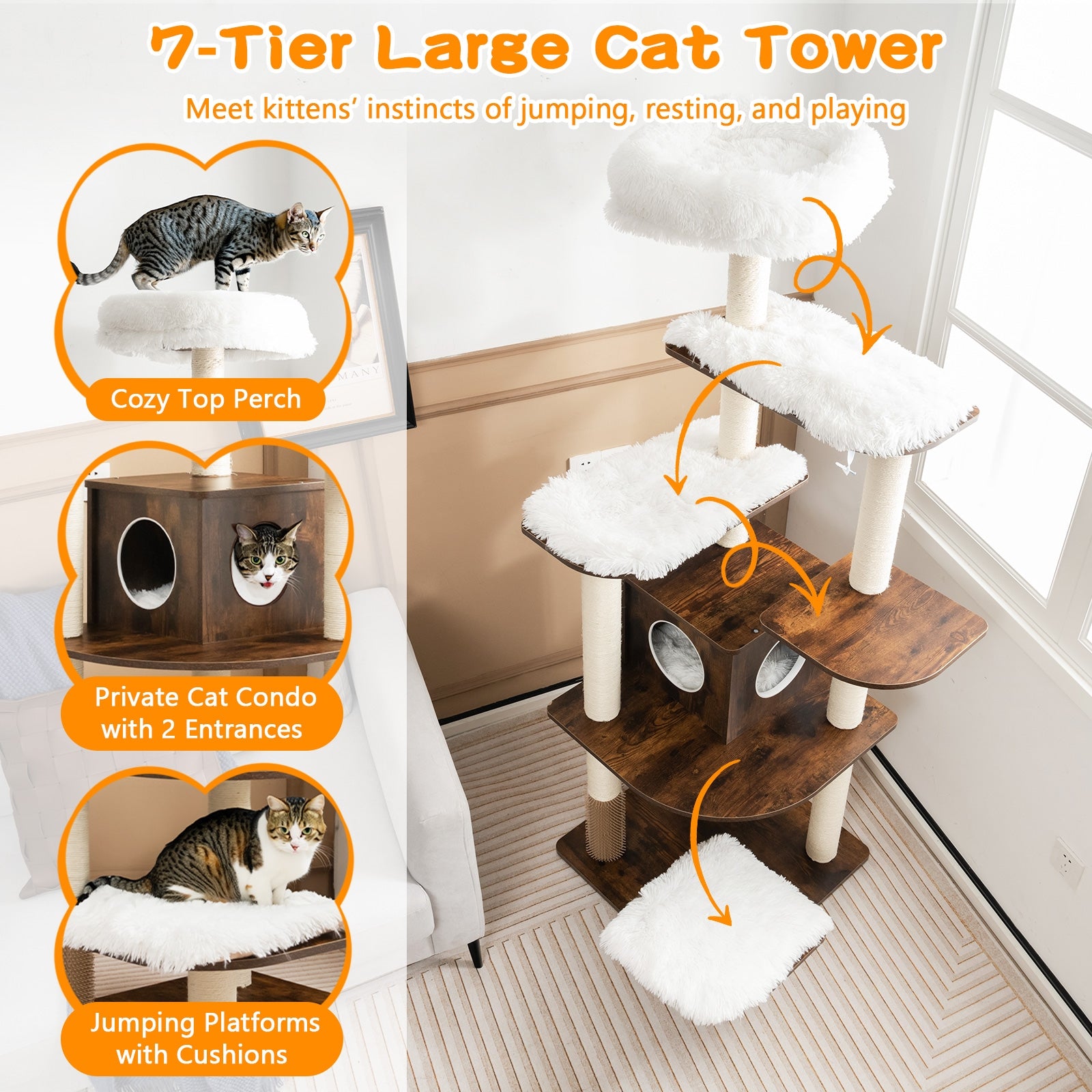 7-Layer Wooden Cat Tree Tall Cat Tower with Sisal Posts and Condo, Brown Cat Trees Condos & Scratchers   at Gallery Canada