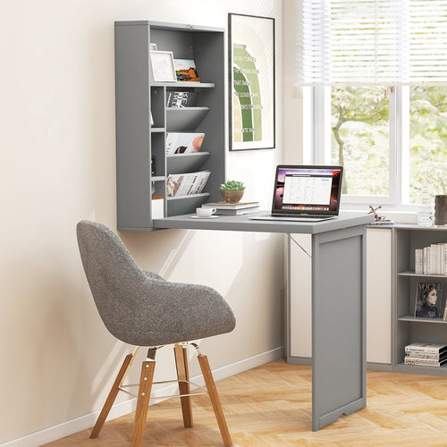 Wall-Mounted Fold-Out Convertible Floating Desk Space Saver, Gray