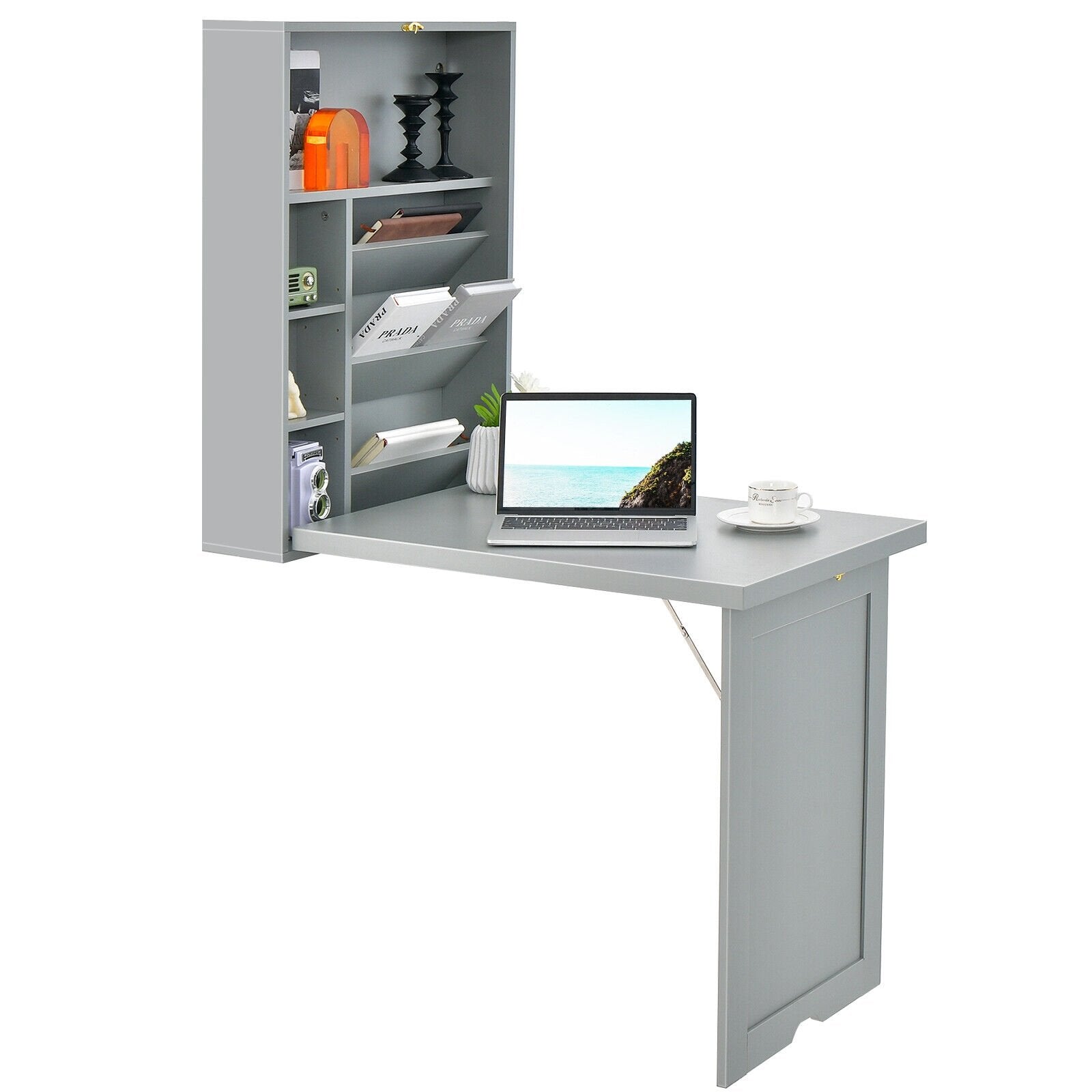 Wall-Mounted Fold-Out Convertible Floating Desk Space Saver, Gray Laptop Tables & Printer Stands Gray at Gallery Canada