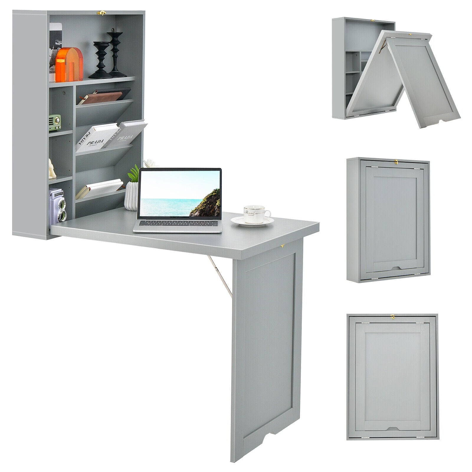 Wall-Mounted Fold-Out Convertible Floating Desk Space Saver, Gray Laptop Tables & Printer Stands at Gallery Canada
