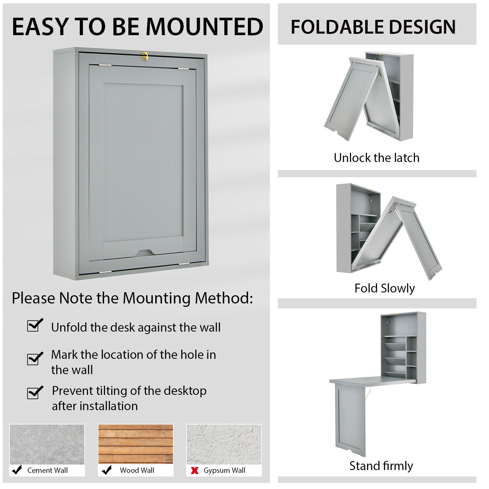Wall-Mounted Fold-Out Convertible Floating Desk Space Saver, Gray Laptop Tables & Printer Stands at Gallery Canada