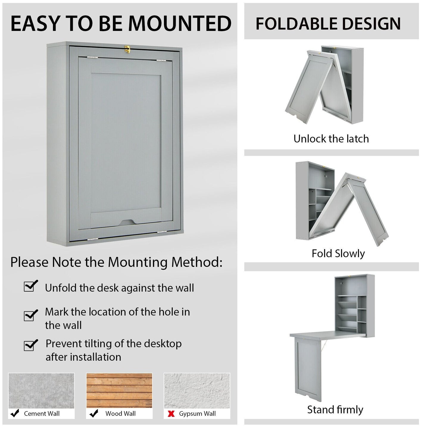 Wall-Mounted Fold-Out Convertible Floating Desk Space Saver, Gray Laptop Tables & Printer Stands   at Gallery Canada