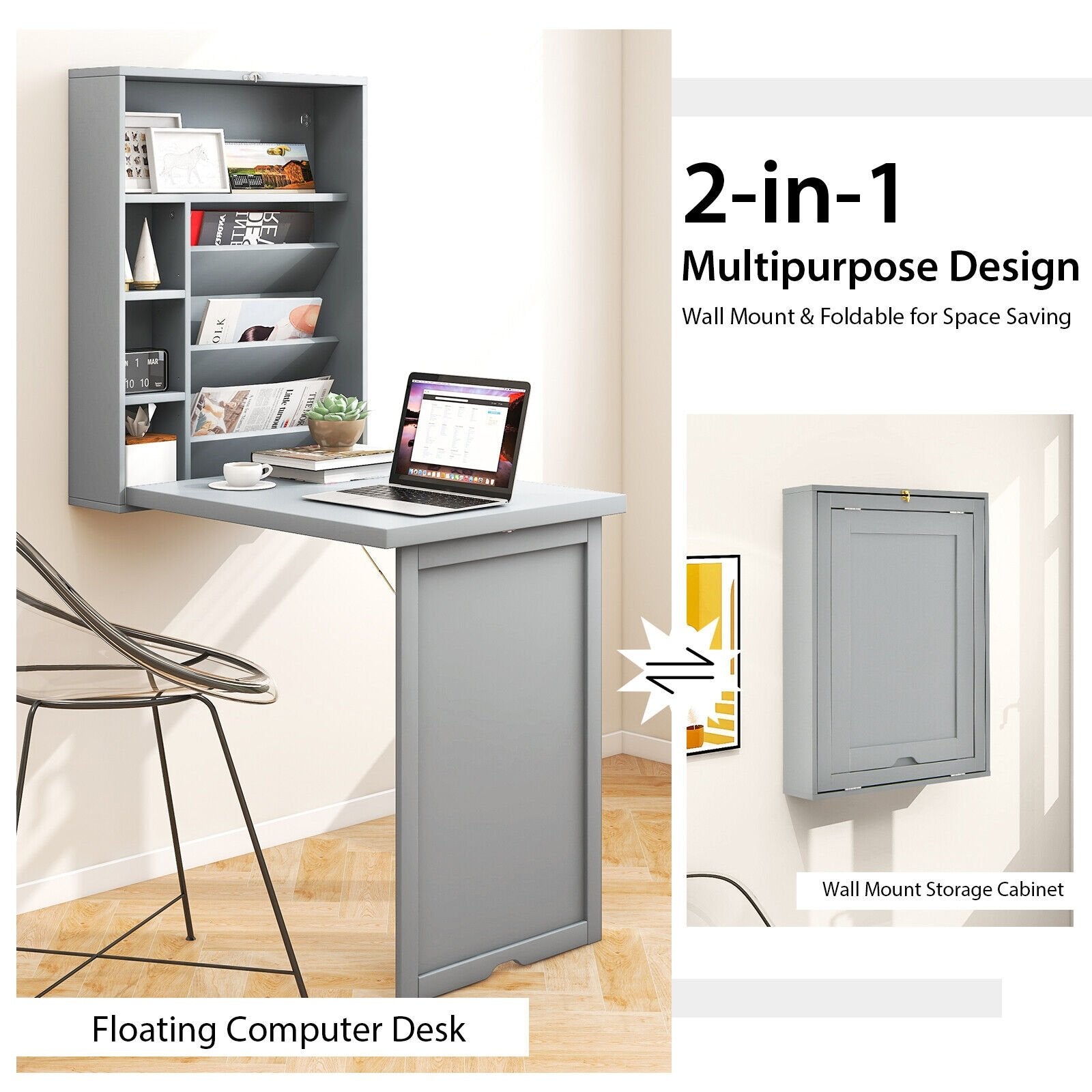 Wall-Mounted Fold-Out Convertible Floating Desk Space Saver, Gray Laptop Tables & Printer Stands   at Gallery Canada