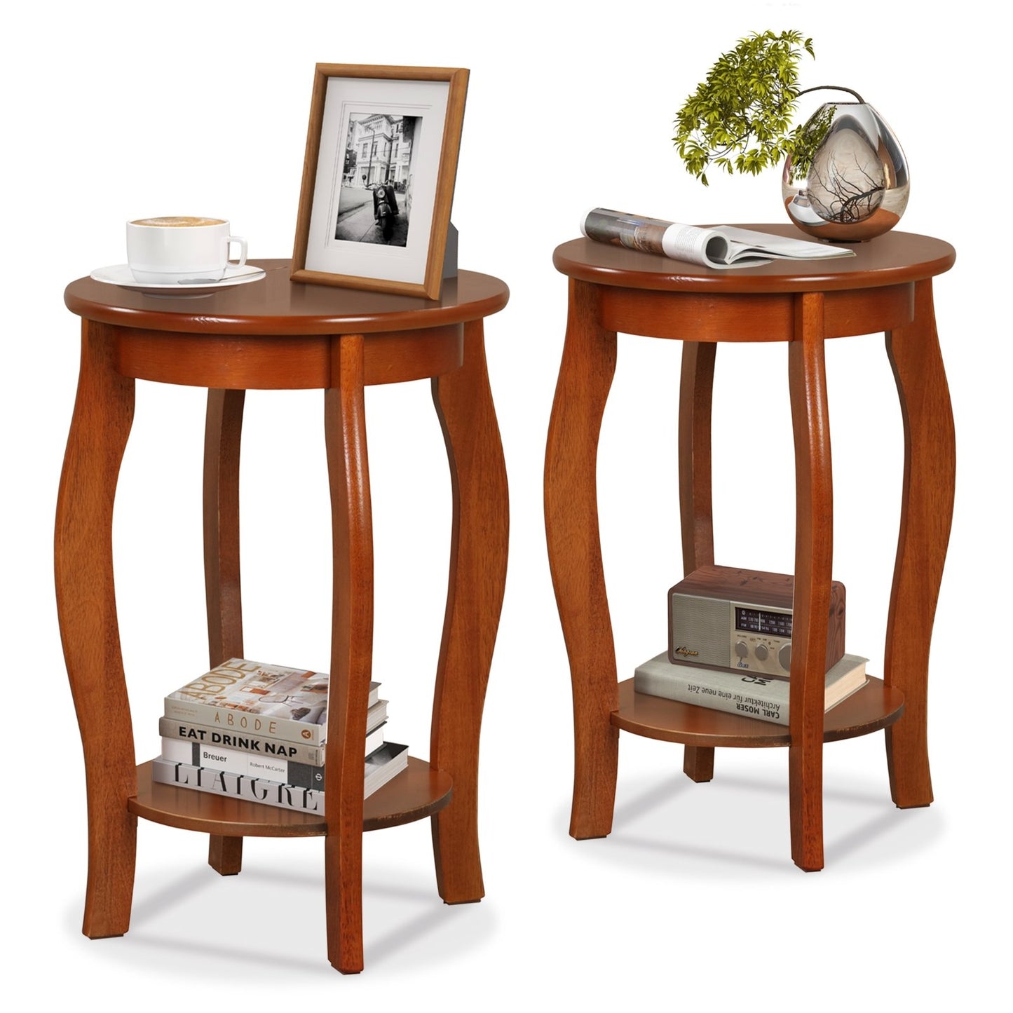 Set of 2 15 Inch 2-Tier Round End Table with Storage Shelf, Walnut End & Side Tables   at Gallery Canada