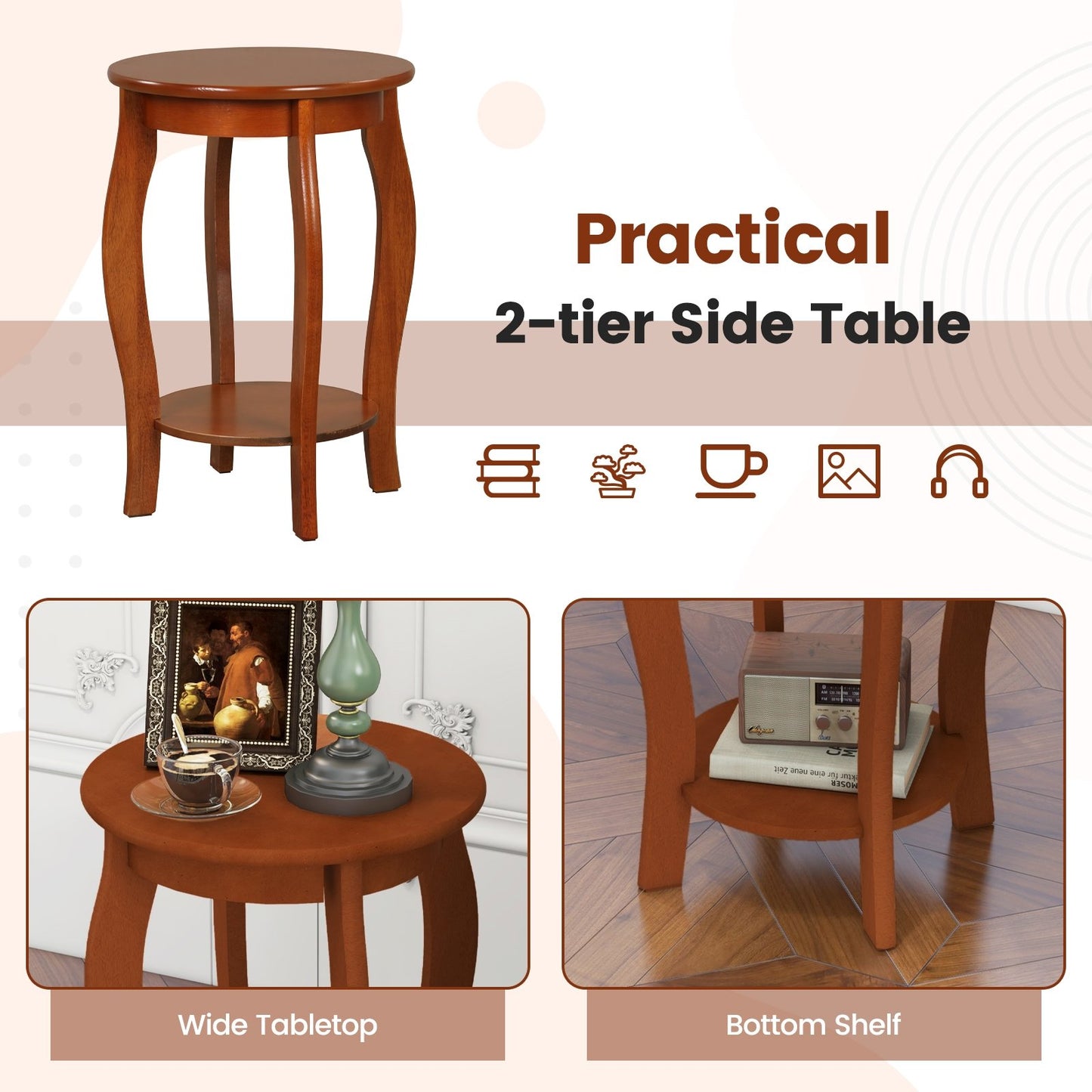 Set of 2 15 Inch 2-Tier Round End Table with Storage Shelf, Walnut End & Side Tables   at Gallery Canada