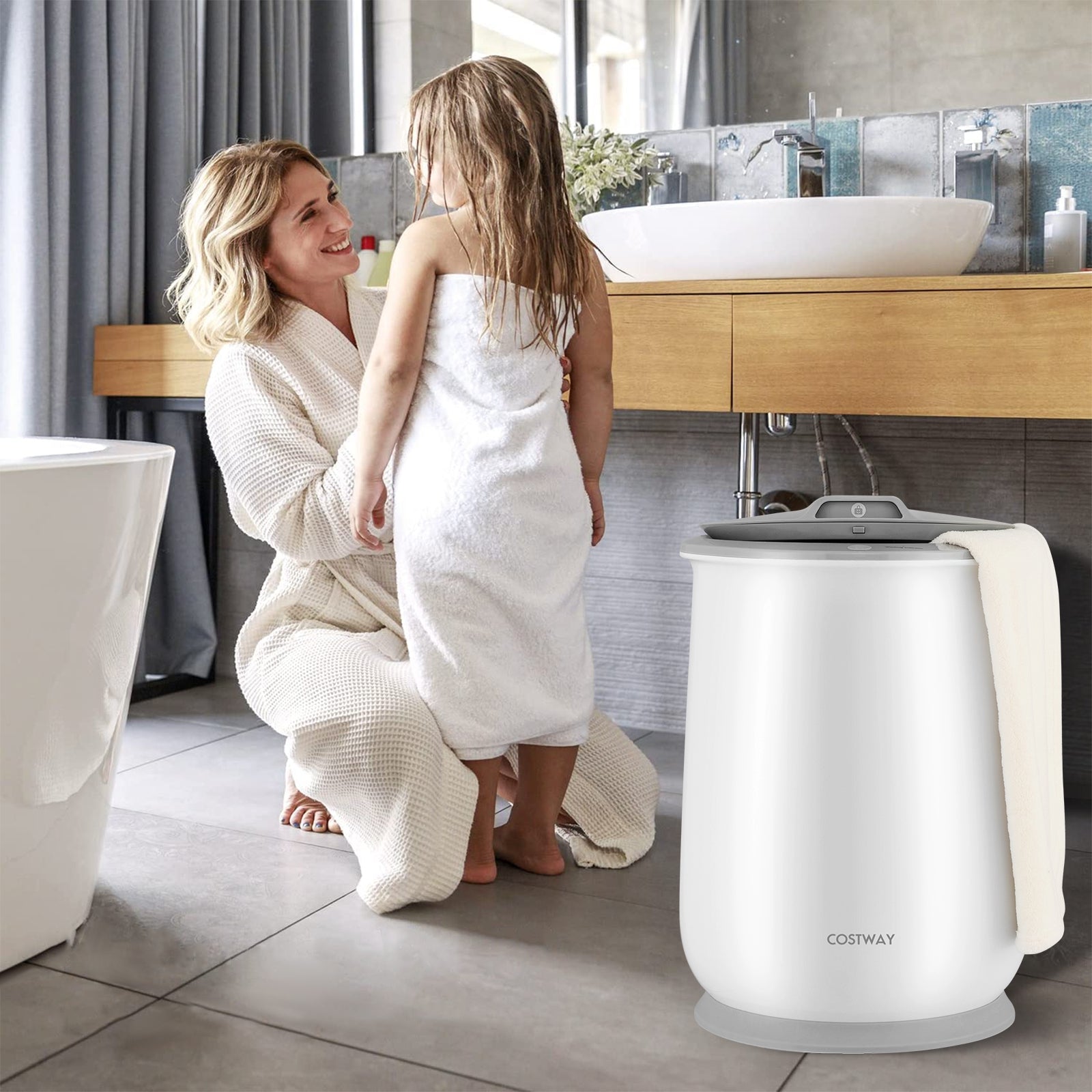 Towel Warmer Bucket with Auto Shut Off for Bathroom, Gray & White Dryers at Gallery Canada