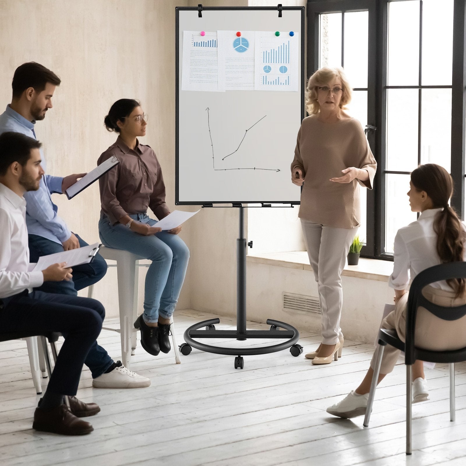 Height-Adjustable Mobile Whiteboard with Round Stand Paper Clips, Black Home Office   at Gallery Canada