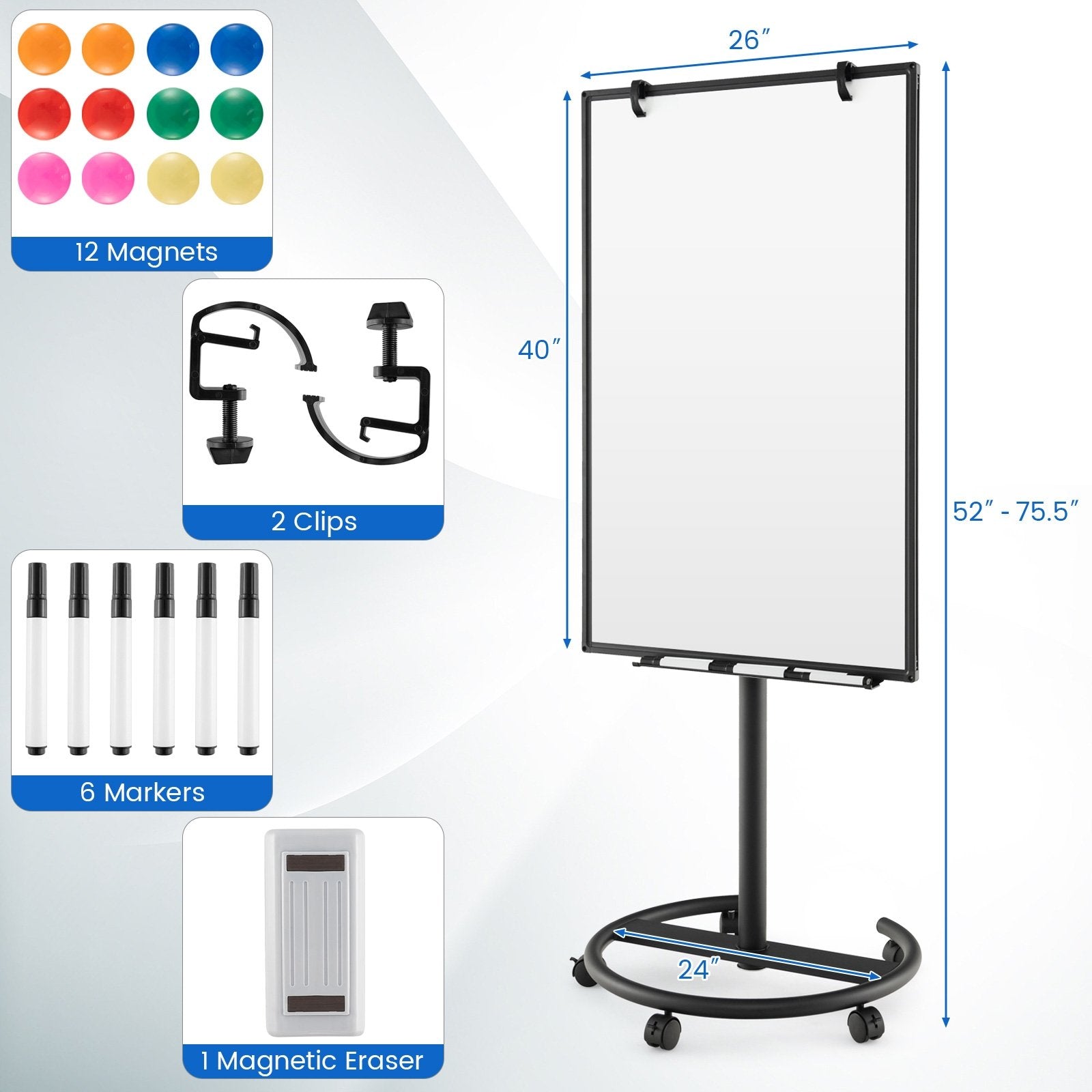 Height-Adjustable Mobile Whiteboard with Round Stand Paper Clips, Black Home Office   at Gallery Canada