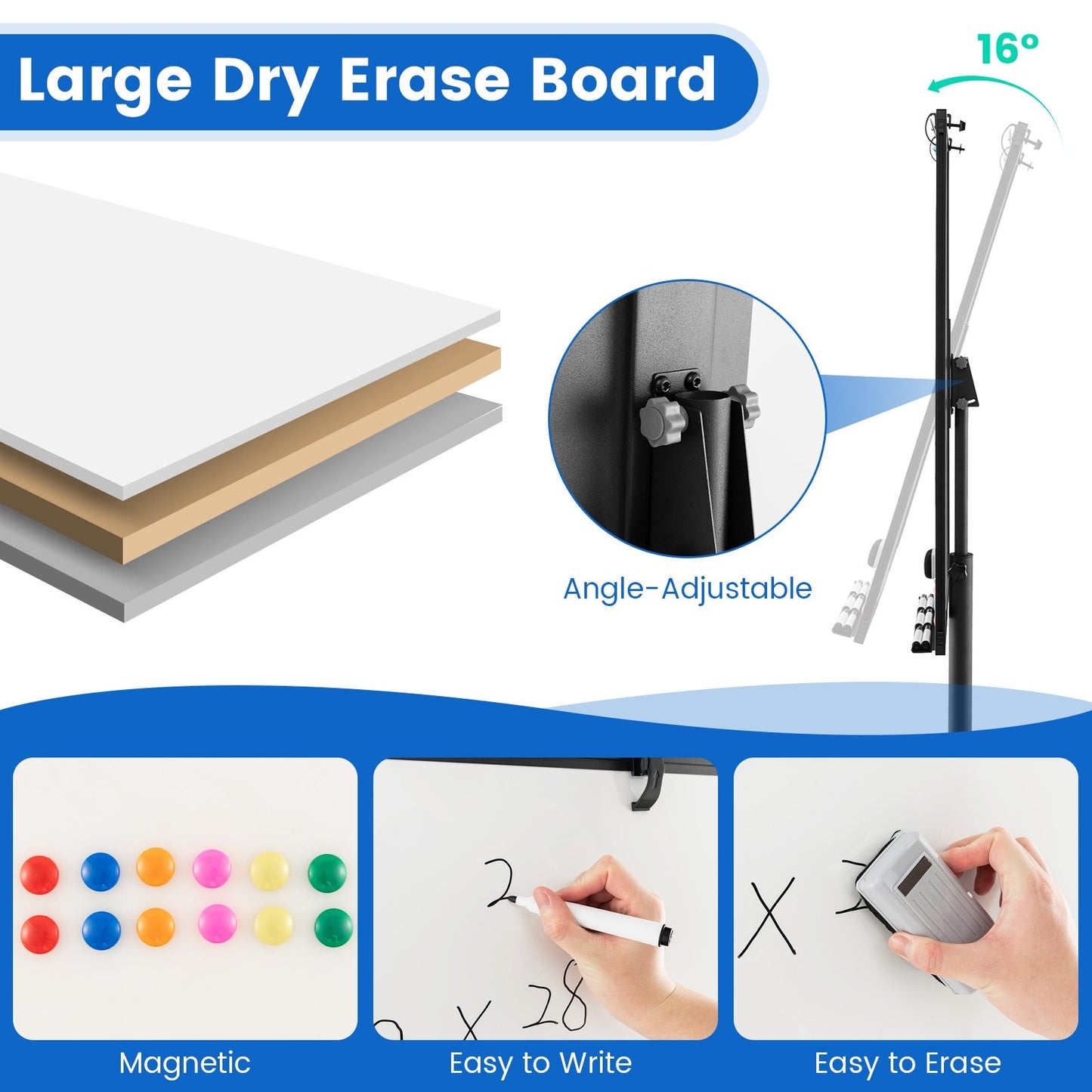 Height-Adjustable Mobile Whiteboard with Round Stand Paper Clips, Black Home Office   at Gallery Canada