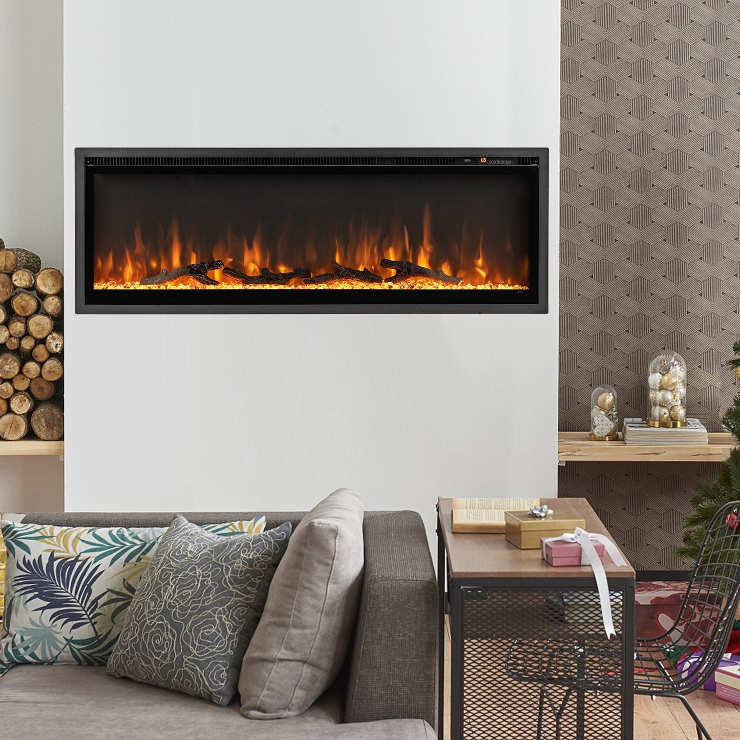 50 Inches Electric Fireplace in-Wall Recessed with Remote Control and Adjustable Color and Brightness-50 inches, Black Fireplaces   at Gallery Canada