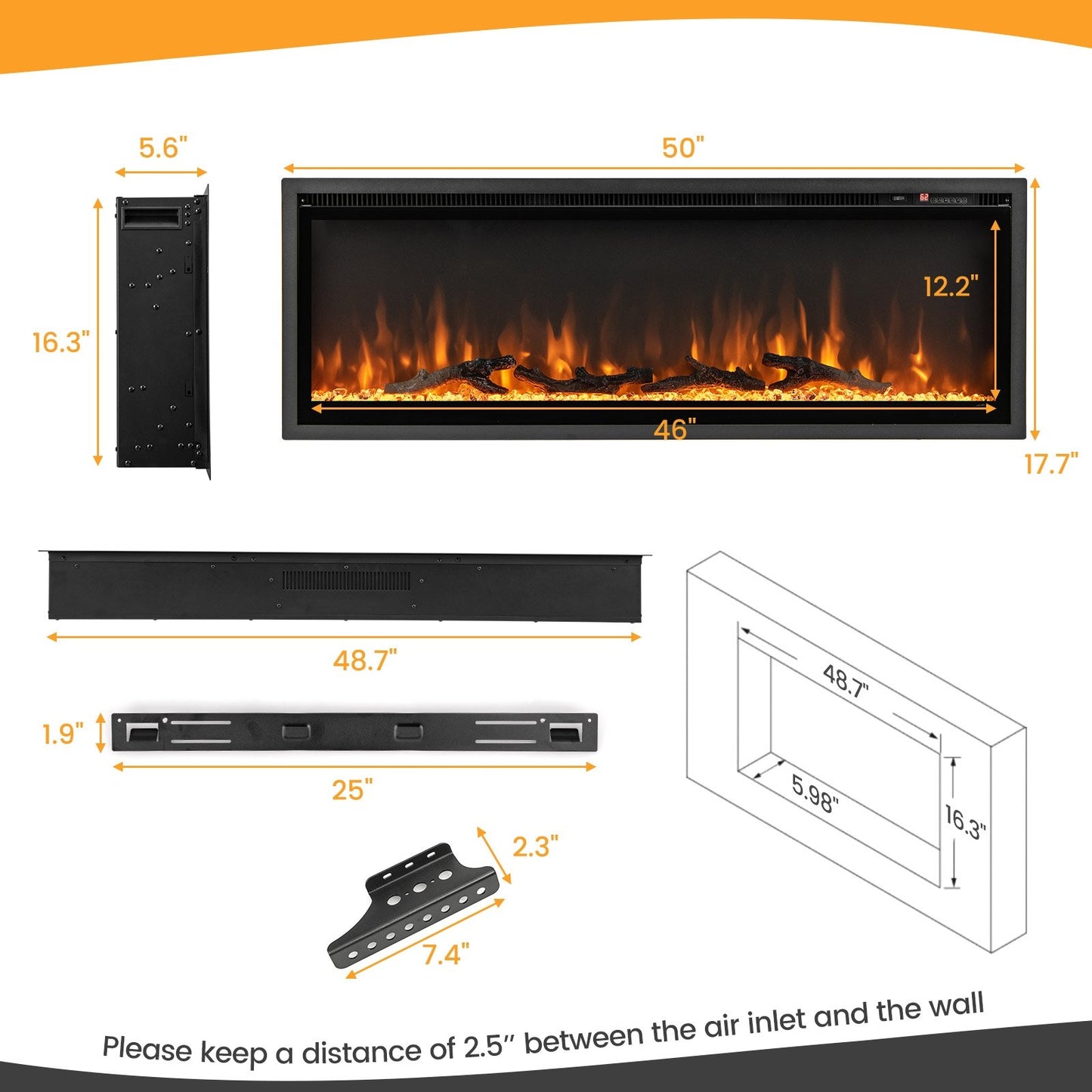 50 Inches Electric Fireplace in-Wall Recessed with Remote Control and Adjustable Color and Brightness-50 inches, Black Fireplaces   at Gallery Canada