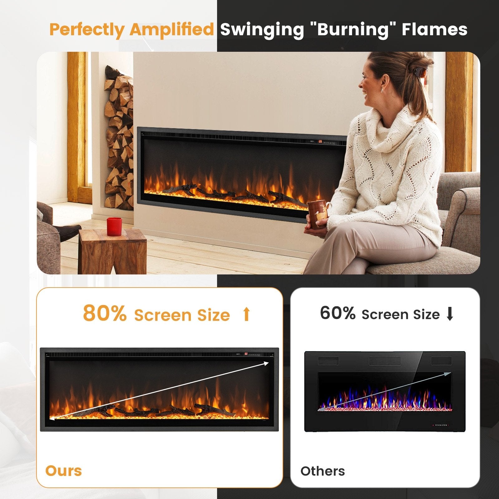 50 Inches Electric Fireplace in-Wall Recessed with Remote Control and Adjustable Color and Brightness-50 inches, Black Fireplaces   at Gallery Canada