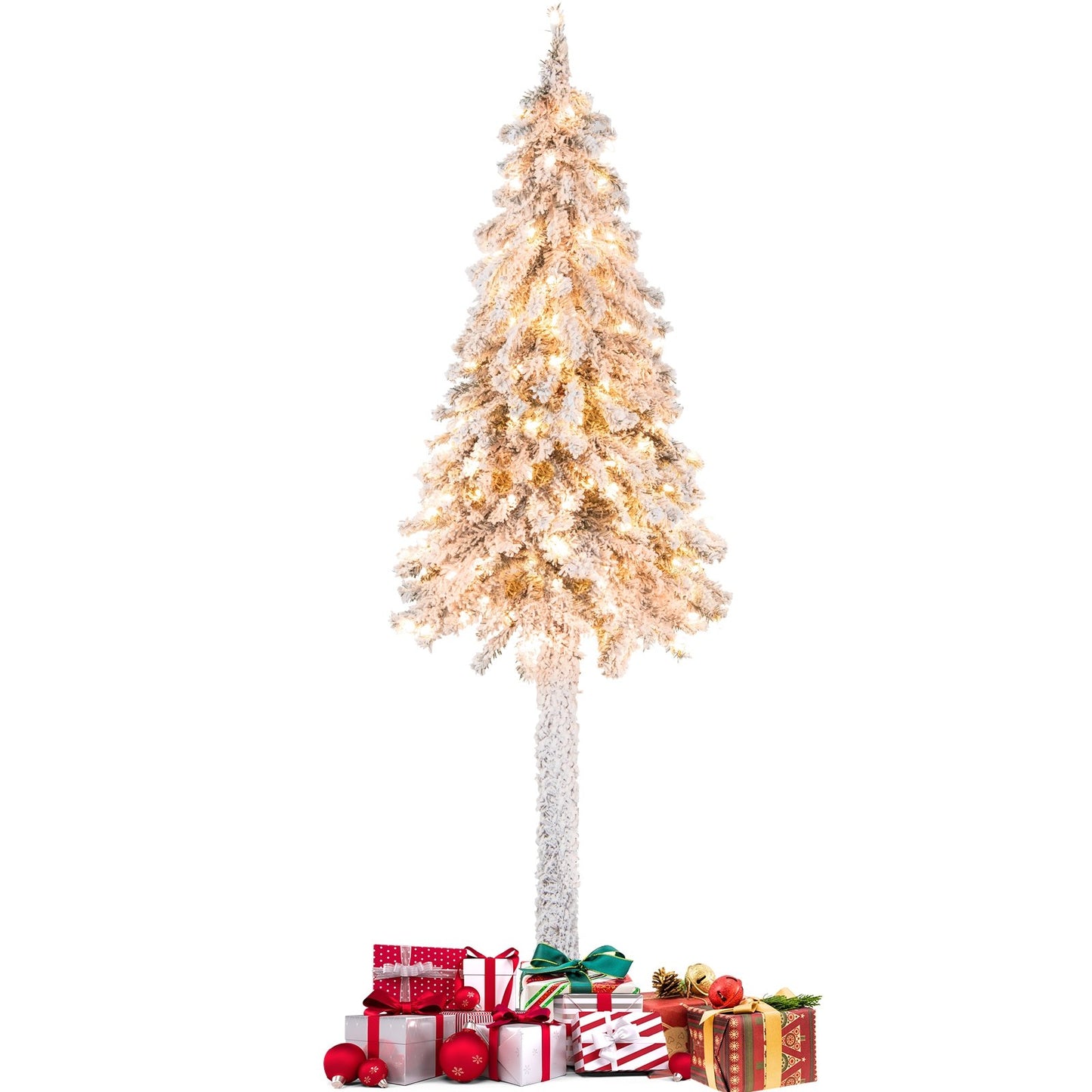 6 Feet Pre-Lit Slim Pencil Christmas Tree Snow Flocked Xmas Decor, White Christmas Tree   at Gallery Canada