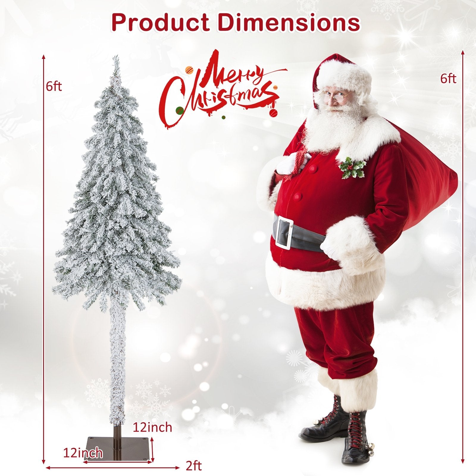 6 Feet Pre-Lit Slim Pencil Christmas Tree Snow Flocked Xmas Decor, White Christmas Tree   at Gallery Canada