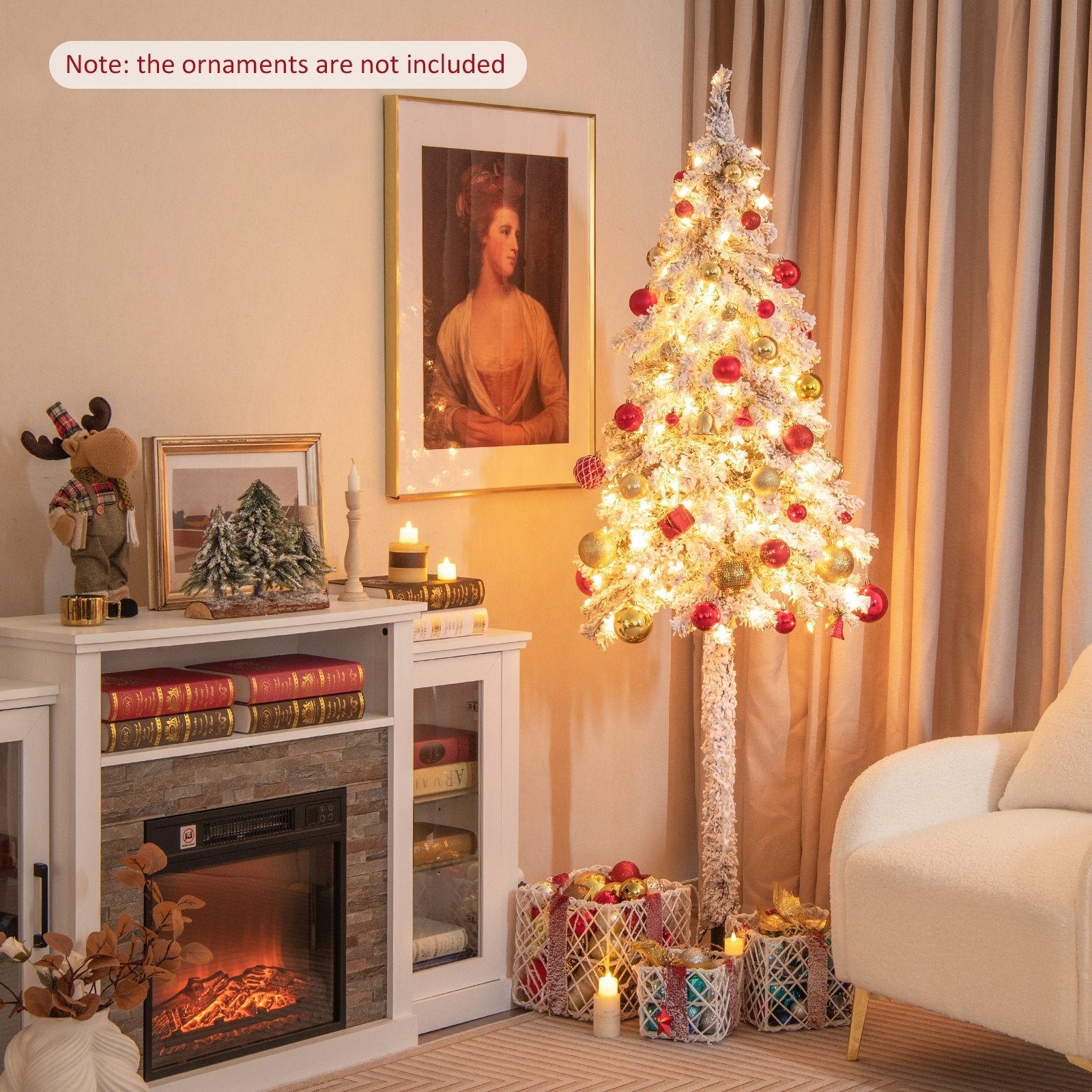 6 Feet Pre-Lit Slim Pencil Christmas Tree Snow Flocked Xmas Decor, White Christmas Tree   at Gallery Canada