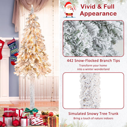 6 Feet Pre-Lit Slim Pencil Christmas Tree Snow Flocked Xmas Decor, White Christmas Tree   at Gallery Canada