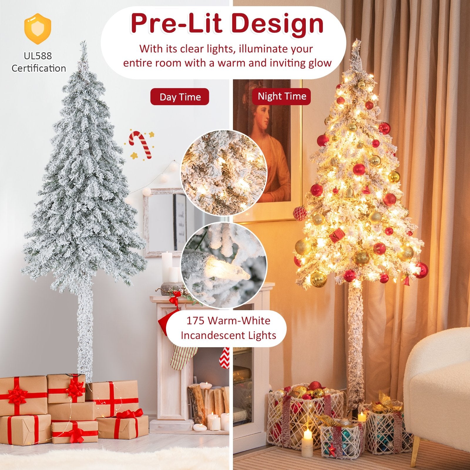 6 Feet Pre-Lit Slim Pencil Christmas Tree Snow Flocked Xmas Decor, White Christmas Tree   at Gallery Canada