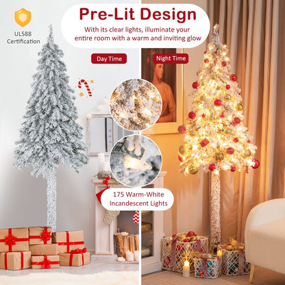 6 Feet Pre-Lit Slim Pencil Christmas Tree Snow Flocked Xmas Decor, White Christmas Tree   at Gallery Canada