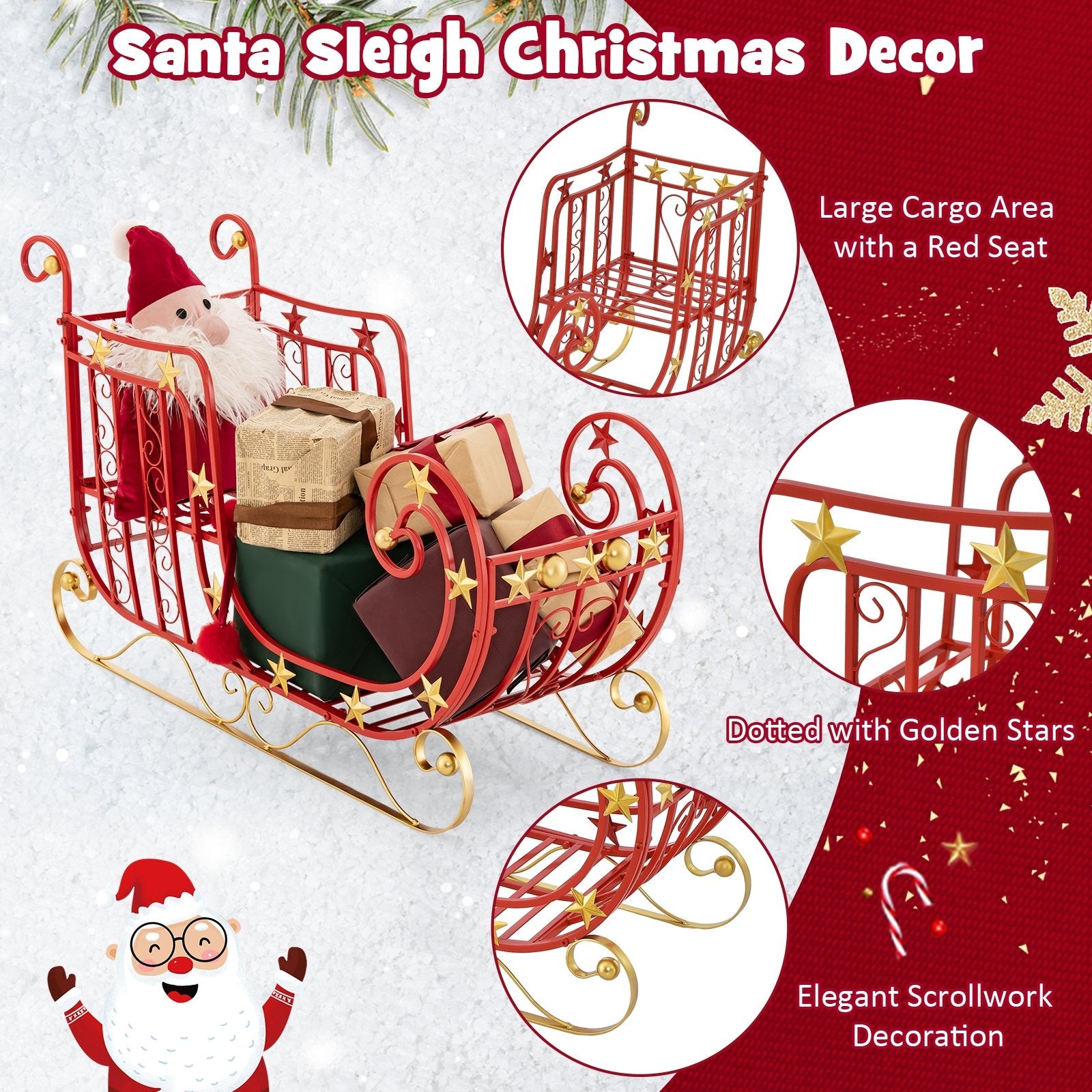 Metal Christmas Santa Sleigh with Large Cargo Area for Gifts, Red Christmas Decor & Accessories   at Gallery Canada