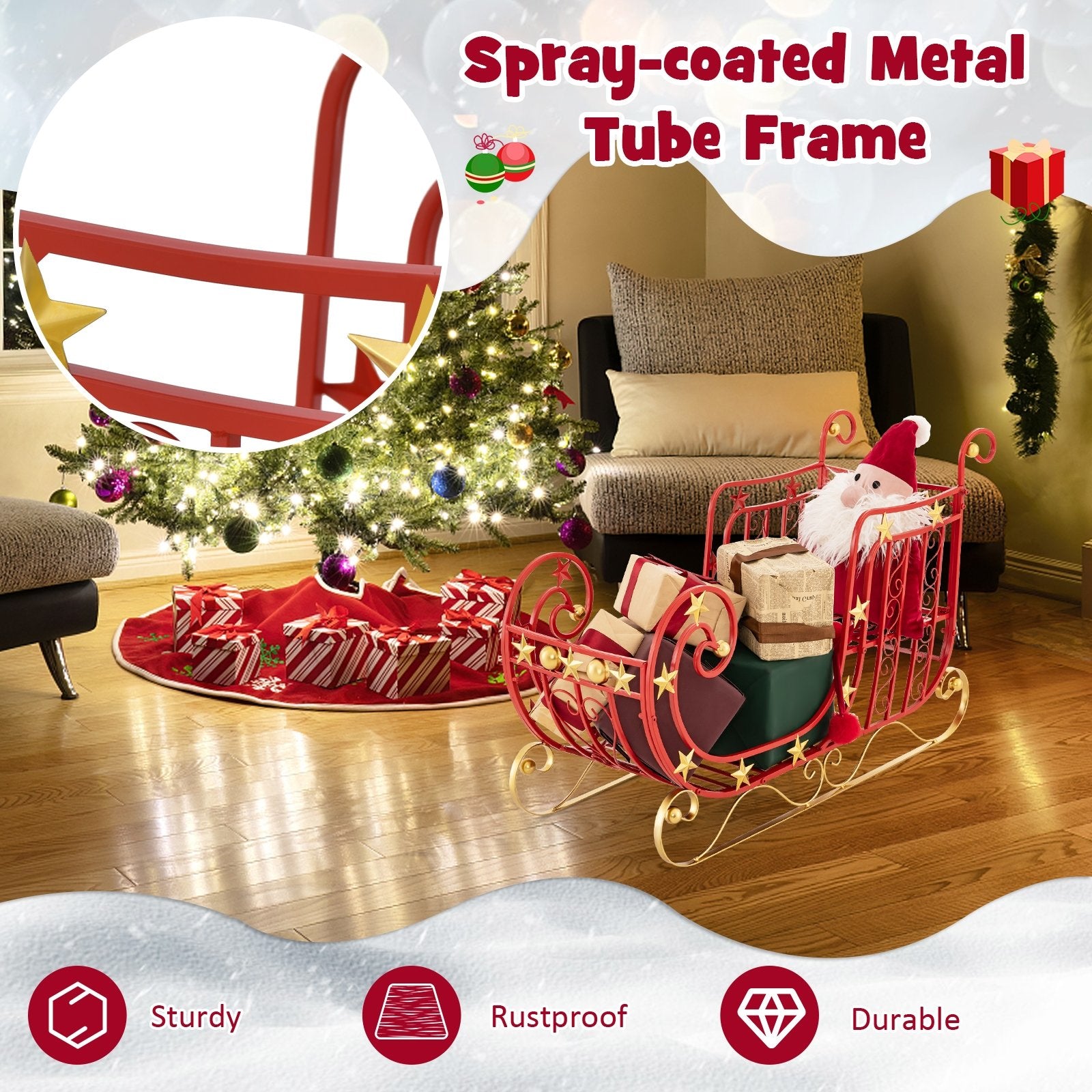 Metal Christmas Santa Sleigh with Large Cargo Area for Gifts, Red Christmas Decor & Accessories   at Gallery Canada