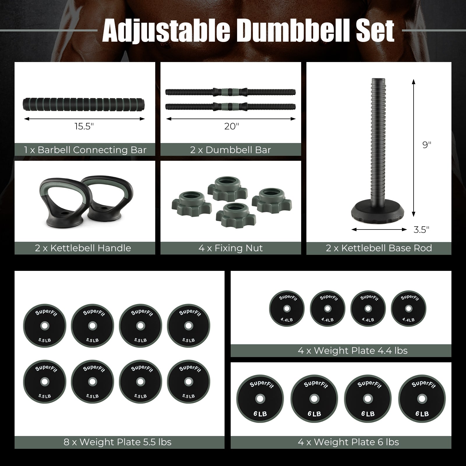 4 in 1 Adjustable Weight Dumbbell Set, Black Dumbbells   at Gallery Canada