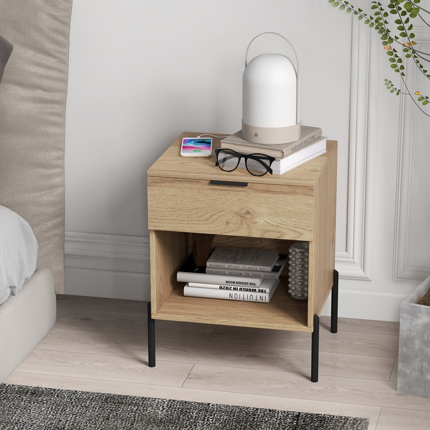 Modern Nightstand with Charging Station, Natural Nightstands   at Gallery Canada