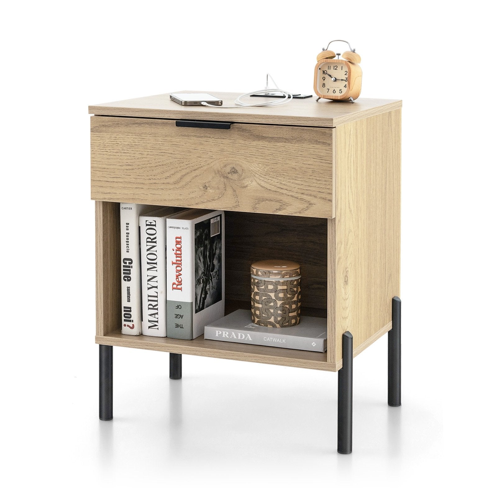 Modern Nightstand with Charging Station, Natural Nightstands   at Gallery Canada