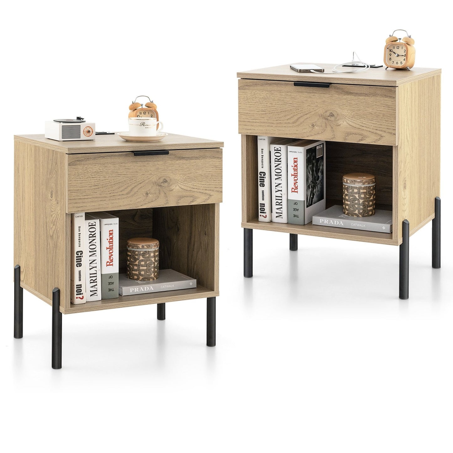 Modern Nightstand with Charging Station, Natural Nightstands   at Gallery Canada