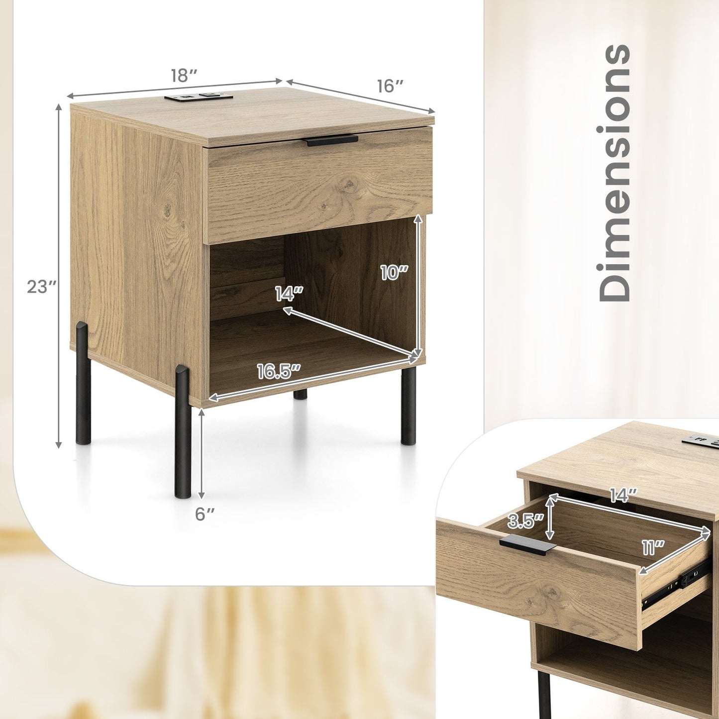 Modern Nightstand with Charging Station, Natural Nightstands   at Gallery Canada