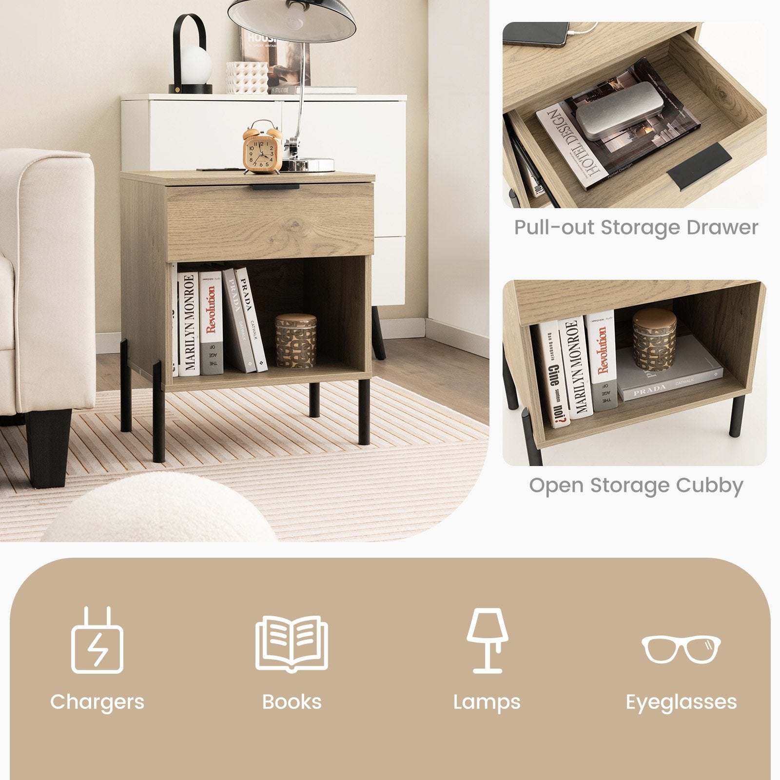 Modern Nightstand with Charging Station, Natural Nightstands   at Gallery Canada