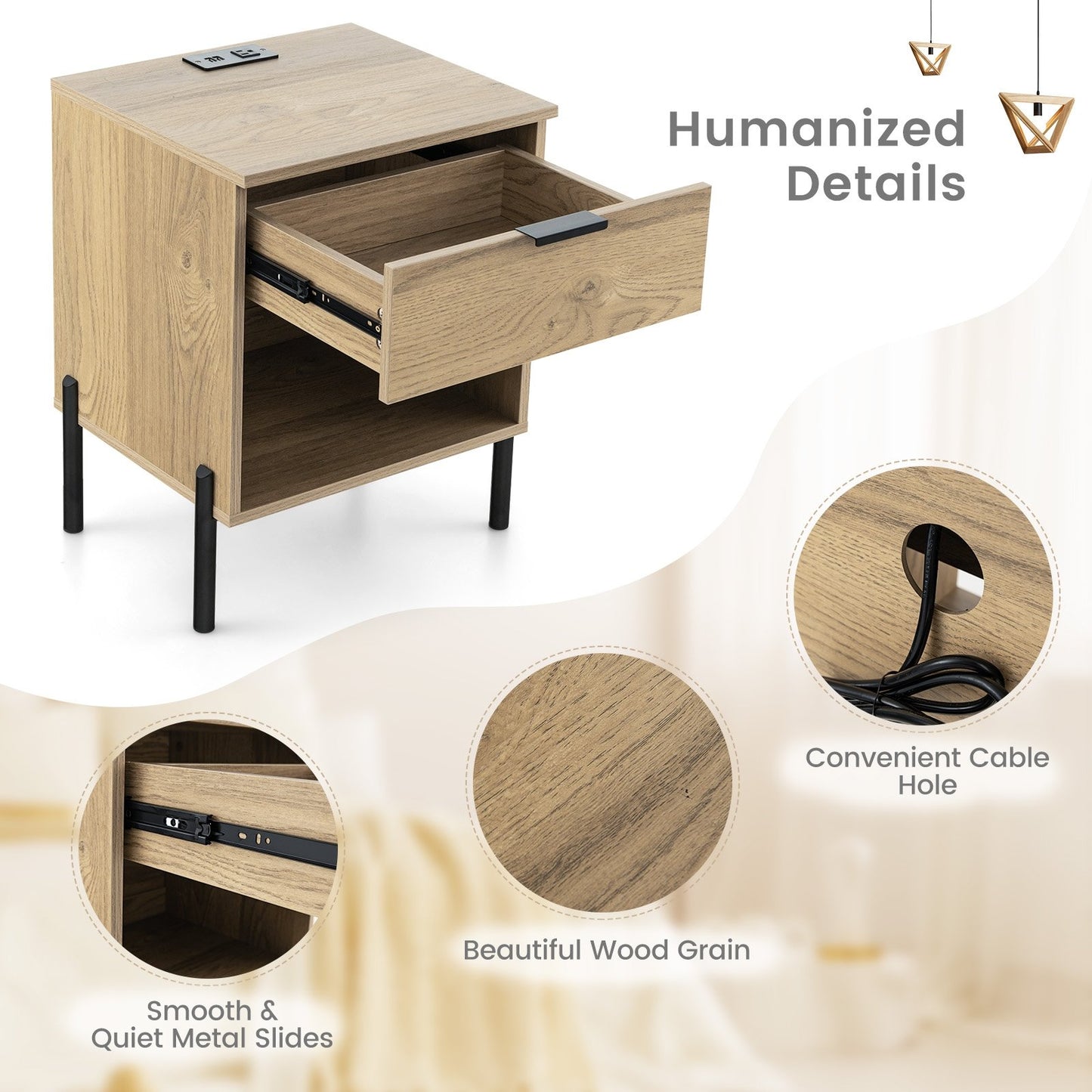 Modern Nightstand with Charging Station, Natural - Gallery Canada