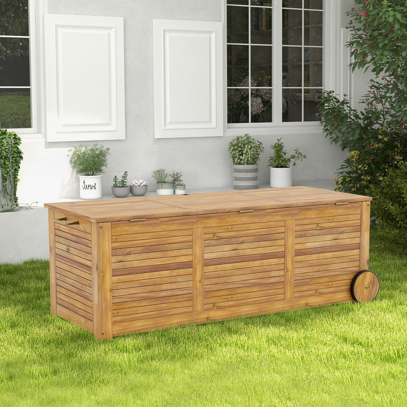 Rolling Patio Wooden Deck Box with 2 Wheels and Side Handle for Outdoor, Natural Sheds & Outdoor Storage at Gallery Canada