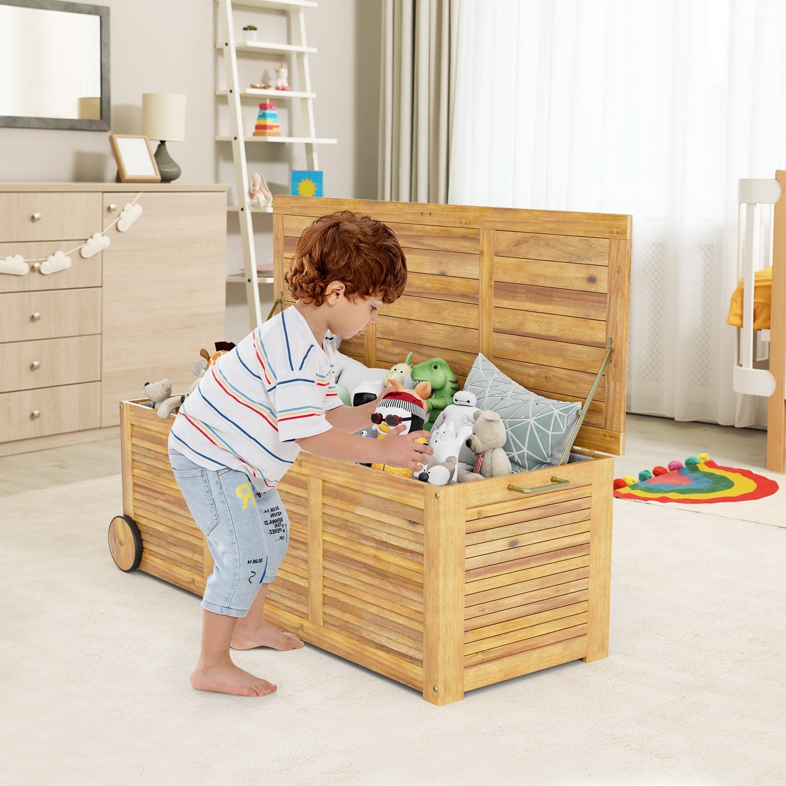 Rolling Patio Wooden Deck Box with 2 Wheels and Side Handle for Outdoor, Natural Sheds & Outdoor Storage at Gallery Canada