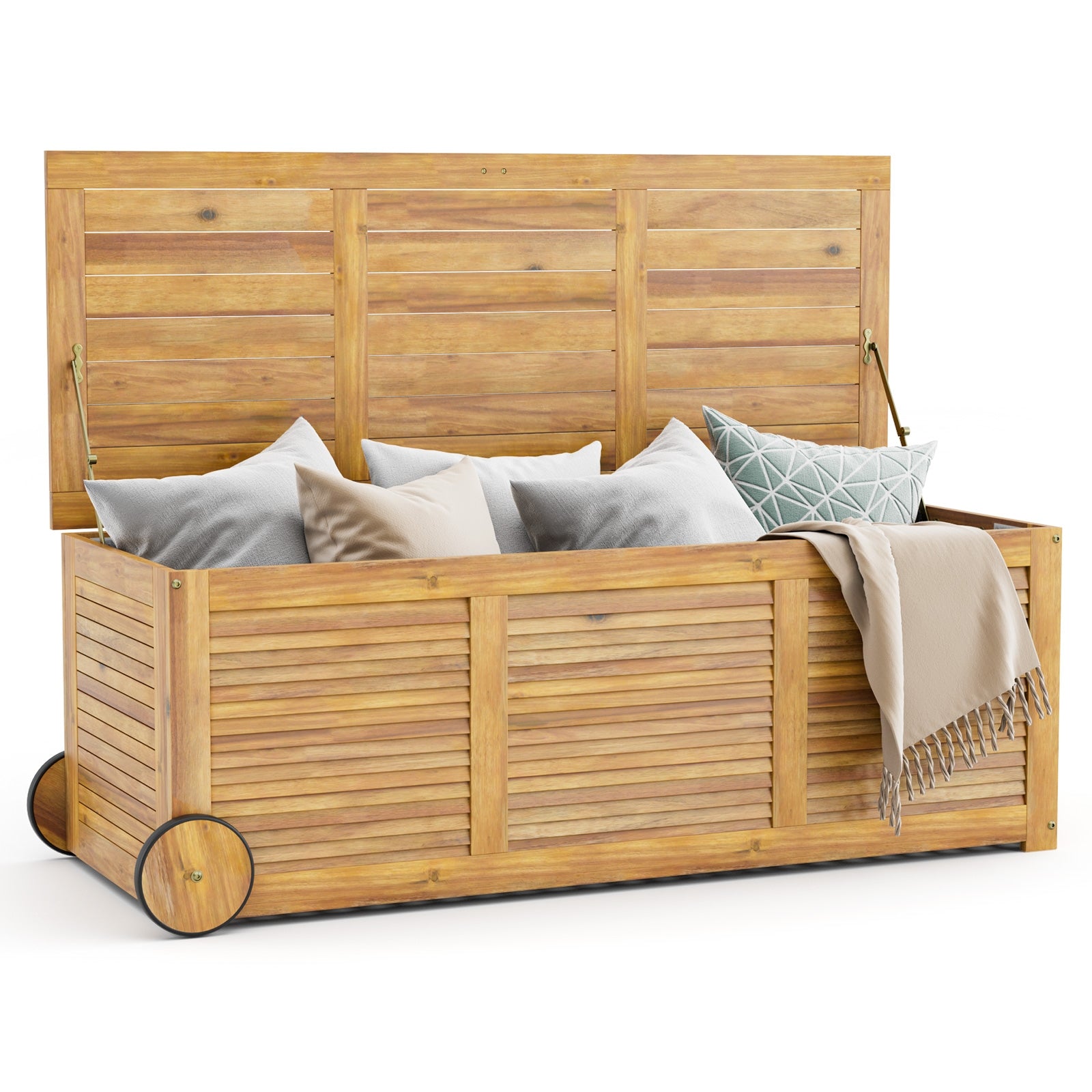 Rolling Patio Wooden Deck Box with 2 Wheels and Side Handle for Outdoor, Natural Sheds & Outdoor Storage at Gallery Canada