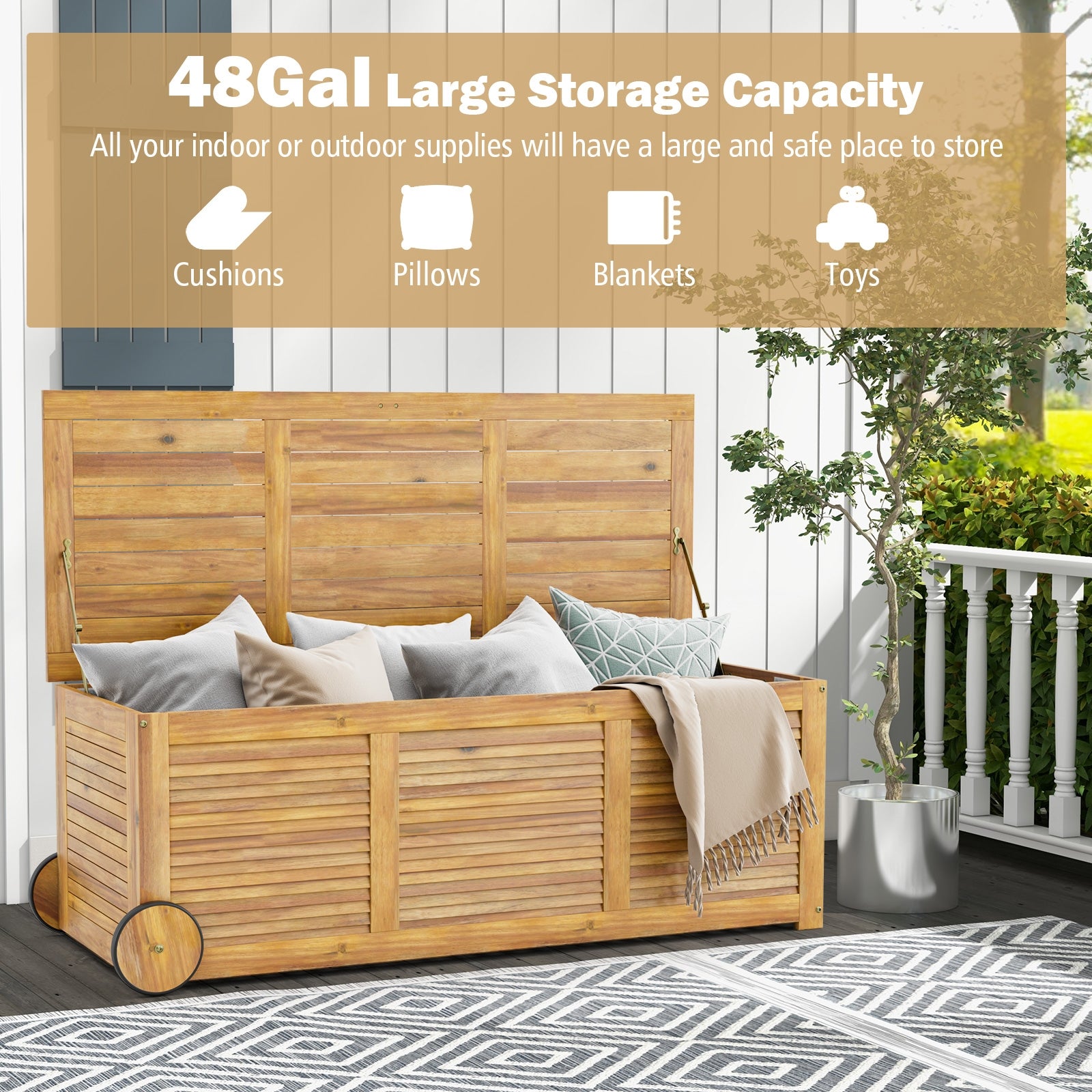 Rolling Patio Wooden Deck Box with 2 Wheels and Side Handle for Outdoor, Natural Sheds & Outdoor Storage at Gallery Canada