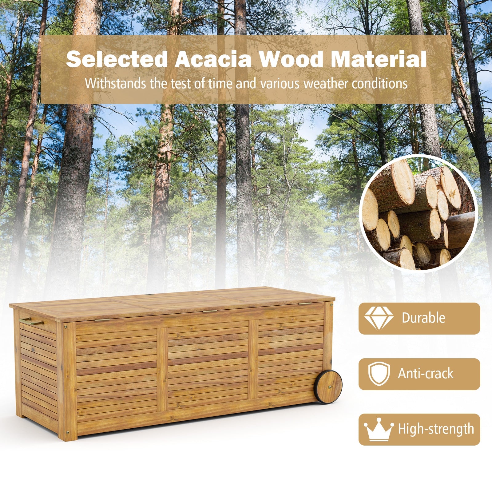 Rolling Patio Wooden Deck Box with 2 Wheels and Side Handle for Outdoor, Natural Sheds & Outdoor Storage at Gallery Canada