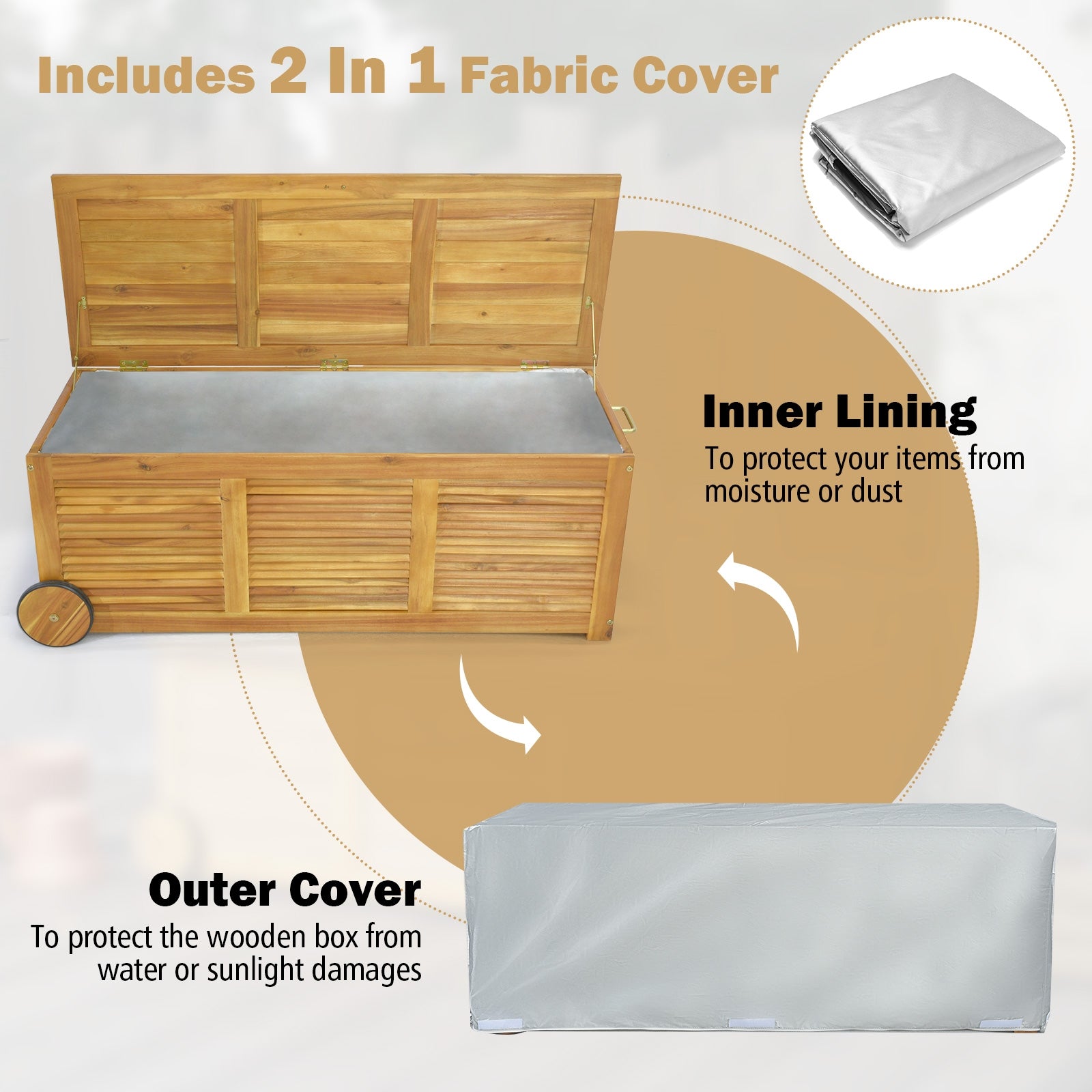 Rolling Patio Wooden Deck Box with 2 Wheels and Side Handle for Outdoor, Natural Sheds & Outdoor Storage at Gallery Canada