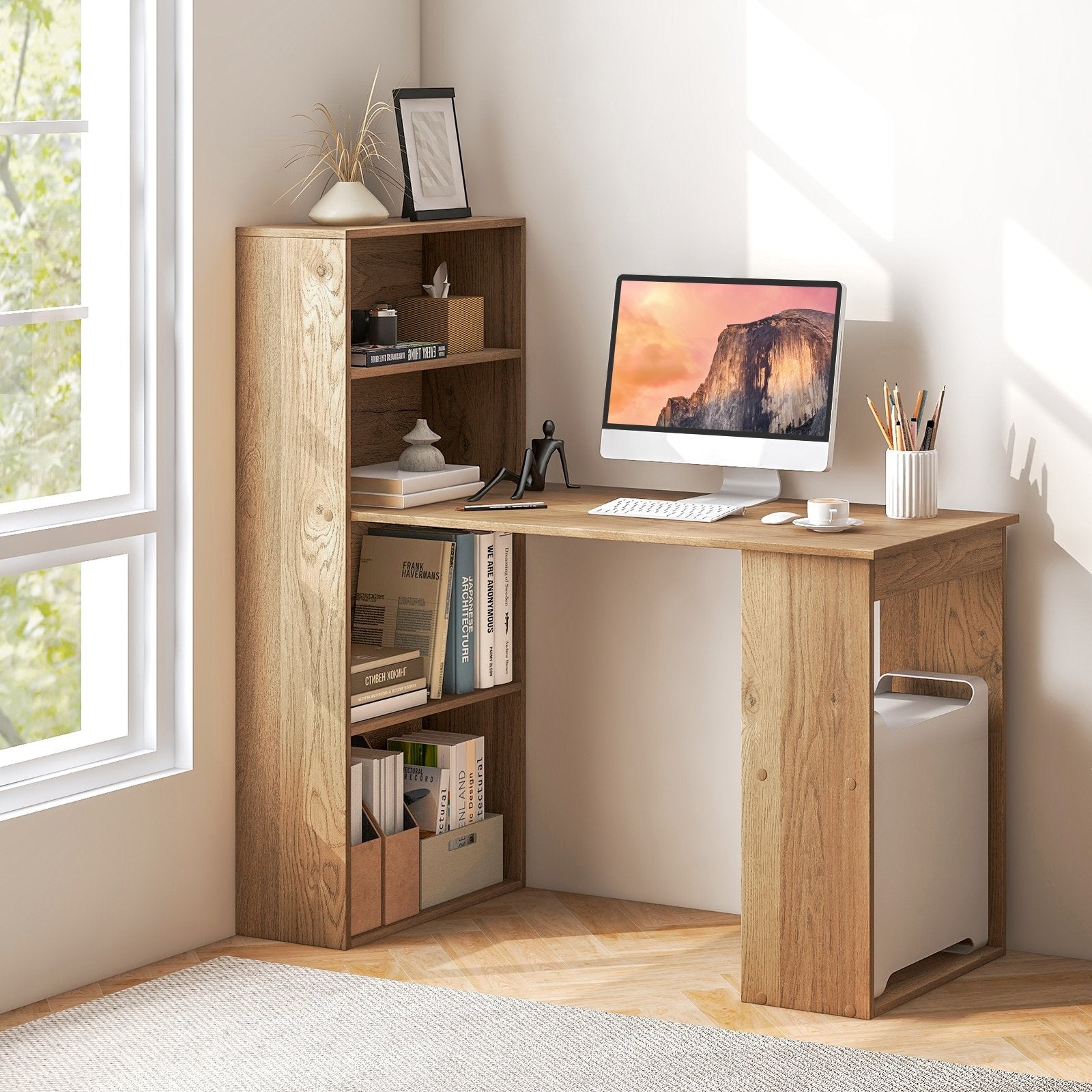 48 Inch Computer Desk with 4-Tier Bookcase and CPU Stand, Natural Computer Desks   at Gallery Canada