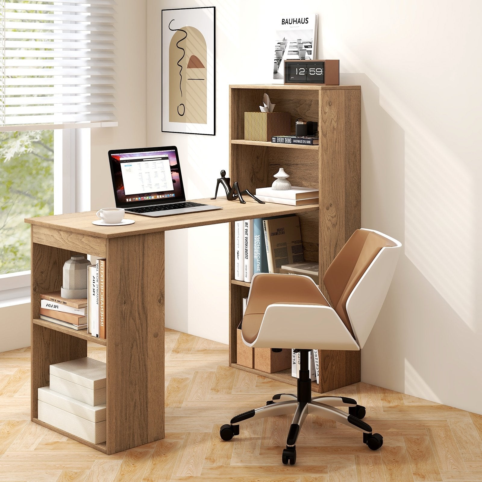 48 Inch Computer Desk with 4-Tier Bookcase and CPU Stand, Natural Computer Desks   at Gallery Canada