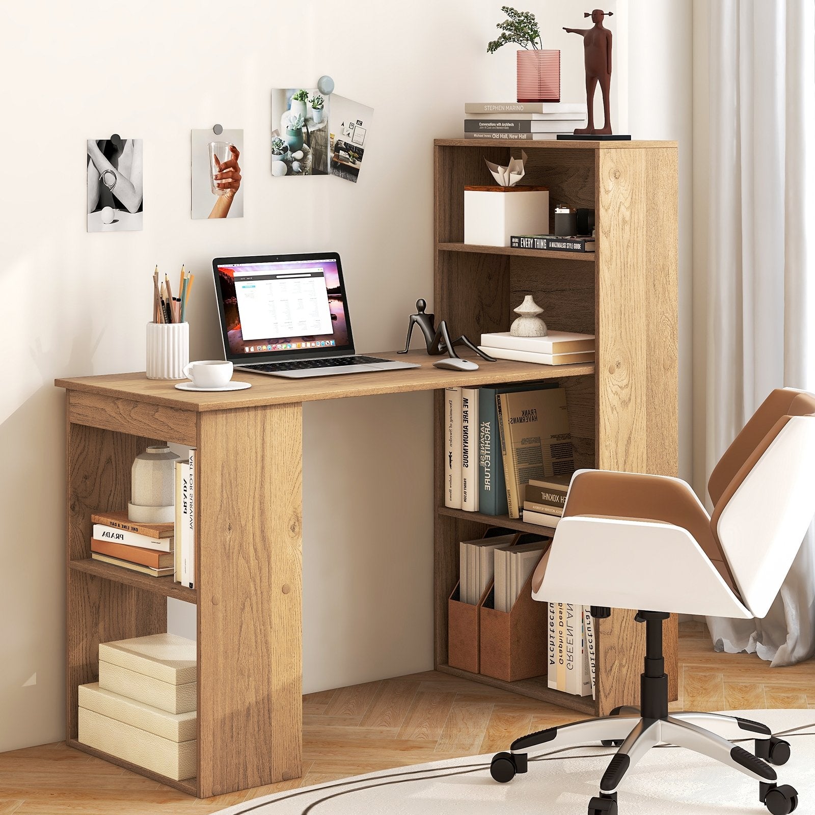 48 Inch Computer Desk with 4-Tier Bookcase and CPU Stand, Natural Computer Desks   at Gallery Canada