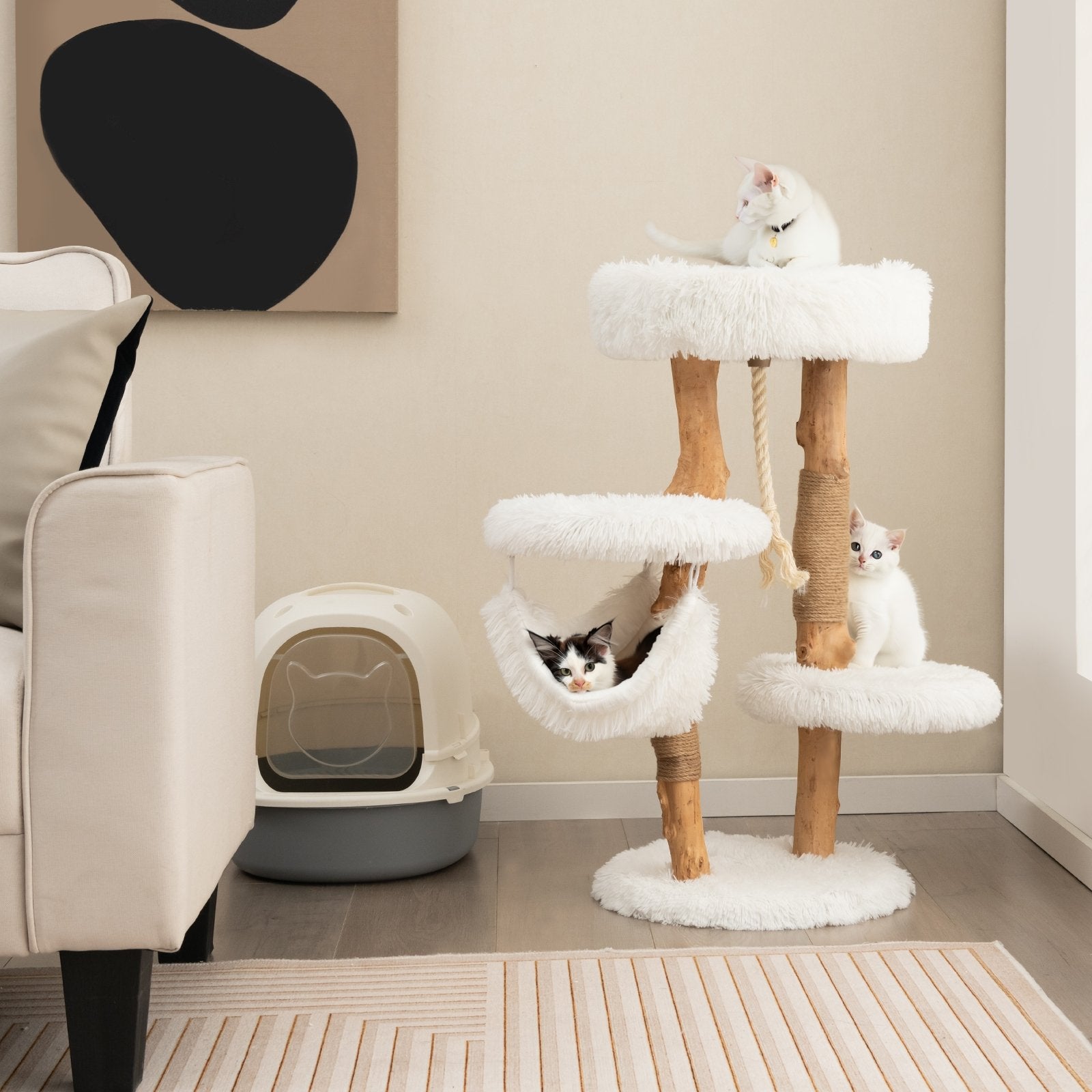 Solid Wood Cat Tower with Jute Scratching Posts and Hanging Rope for Indoor Cats, White Cat Trees Condos & Scratchers   at Gallery Canada