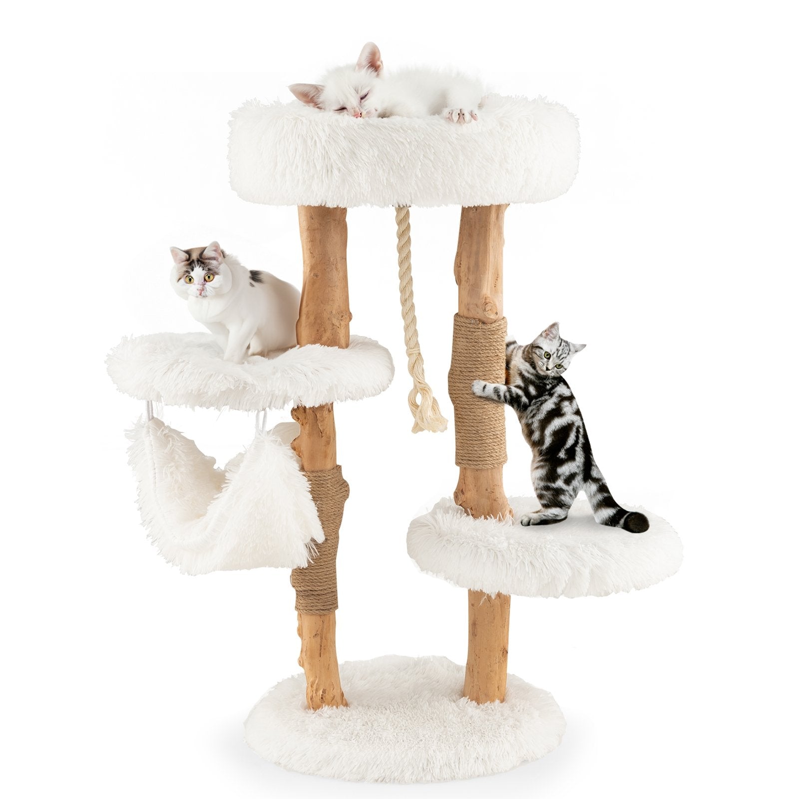 Solid Wood Cat Tower with Jute Scratching Posts and Hanging Rope for Indoor Cats, White Cat Trees Condos & Scratchers   at Gallery Canada