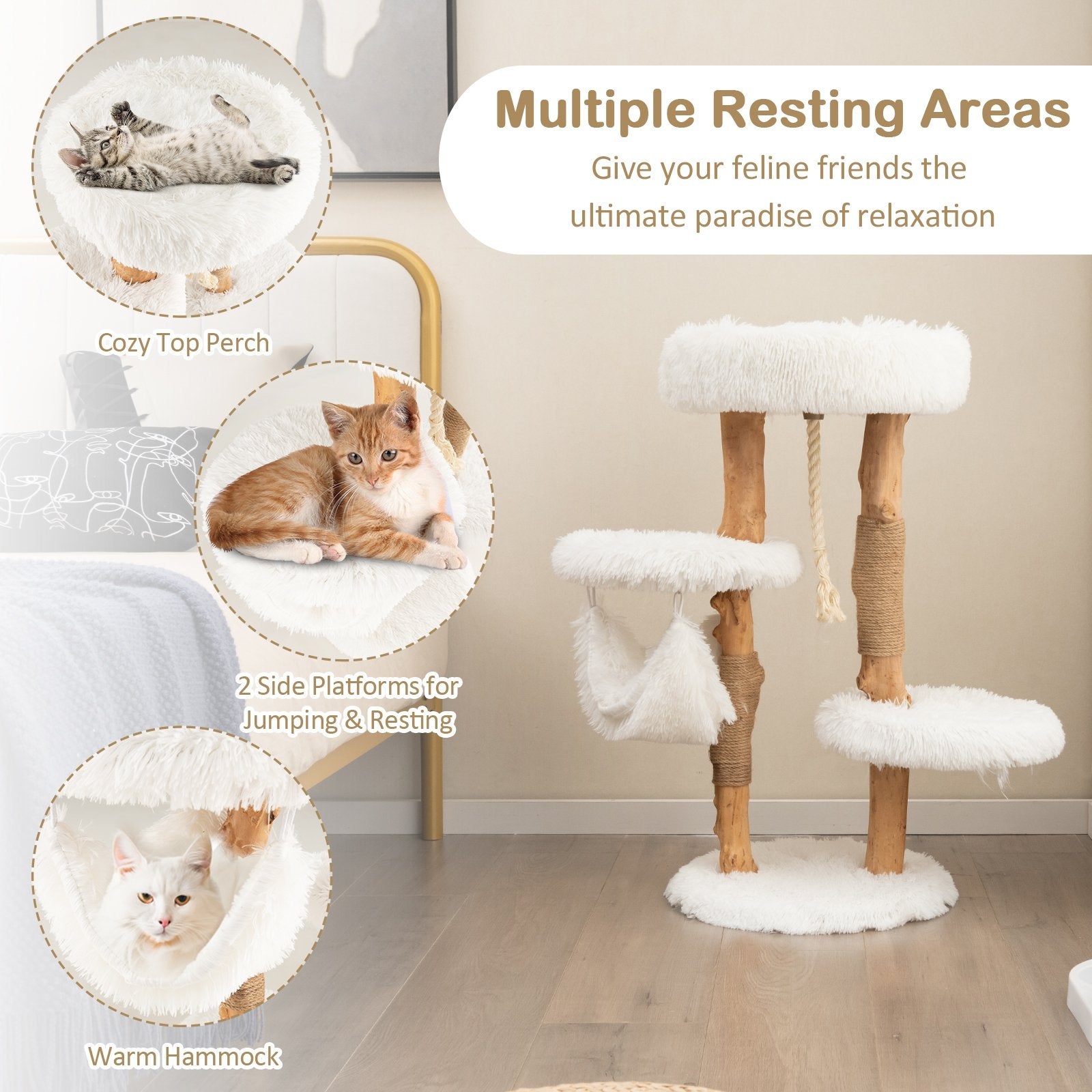 Solid Wood Cat Tower with Jute Scratching Posts and Hanging Rope for Indoor Cats, White Cat Trees Condos & Scratchers   at Gallery Canada