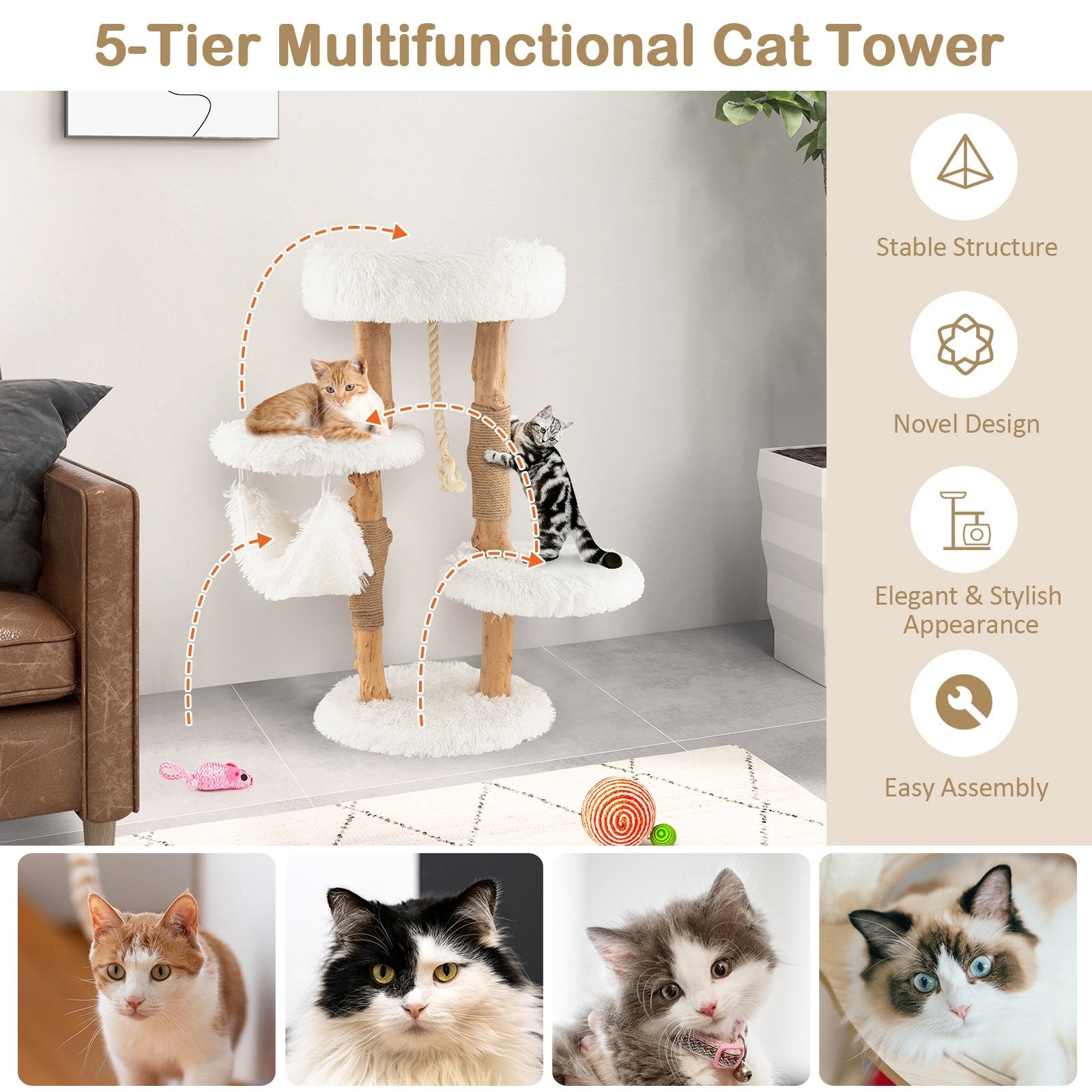 Solid Wood Cat Tower with Jute Scratching Posts and Hanging Rope for Indoor Cats, White Cat Trees Condos & Scratchers   at Gallery Canada