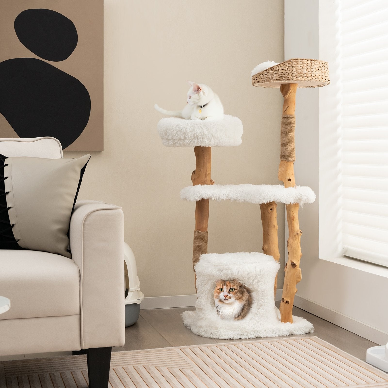 Solid Wood Cat Tower with Top Cattail Basket Cat Bed for Indoor Cats, White Cat Trees Condos & Scratchers   at Gallery Canada