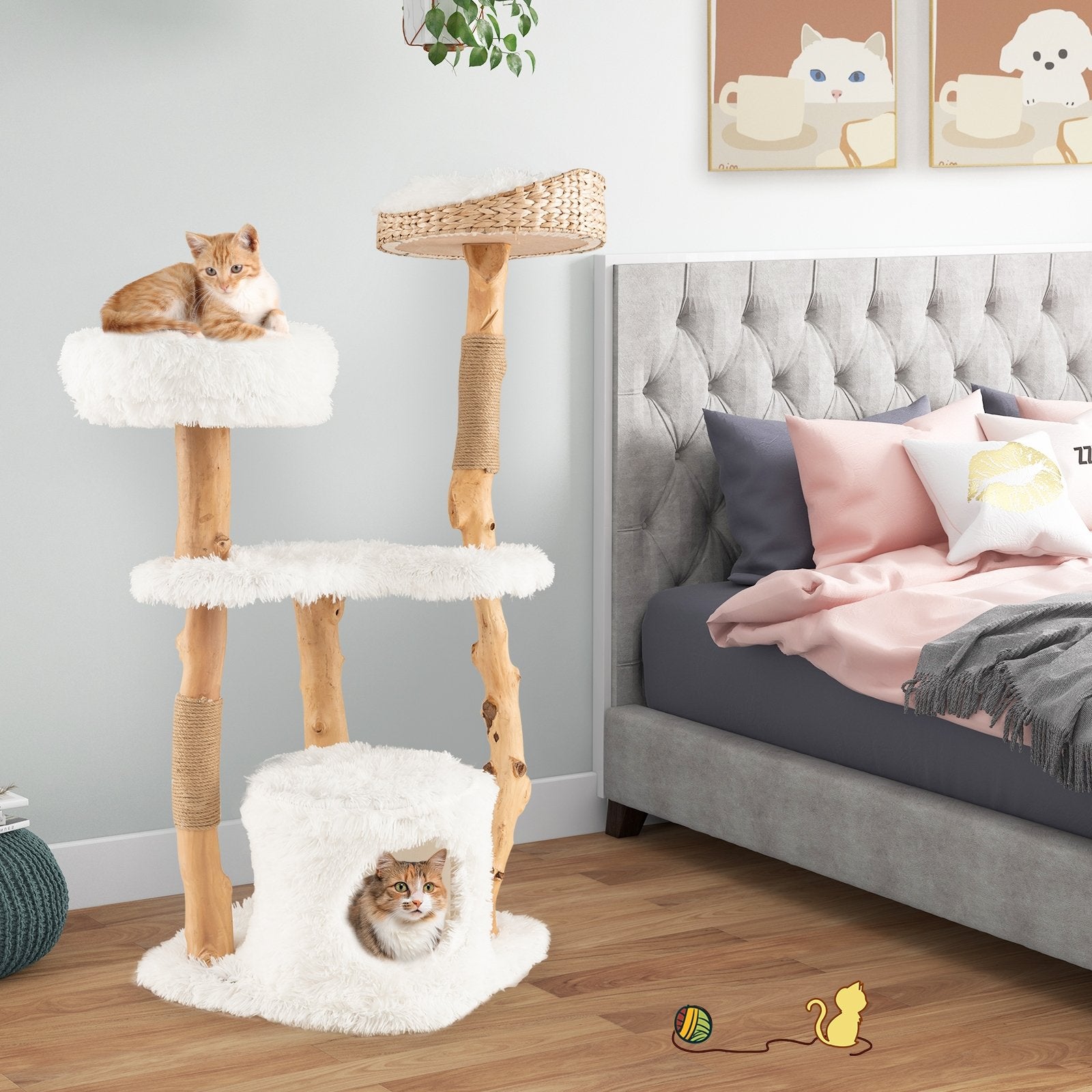 Solid Wood Cat Tower with Top Cattail Basket Cat Bed for Indoor Cats, White Cat Trees Condos & Scratchers   at Gallery Canada