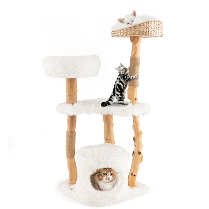 Solid Wood Cat Tower with Top Cattail Basket Cat Bed for Indoor Cats, White Cat Trees Condos & Scratchers   at Gallery Canada