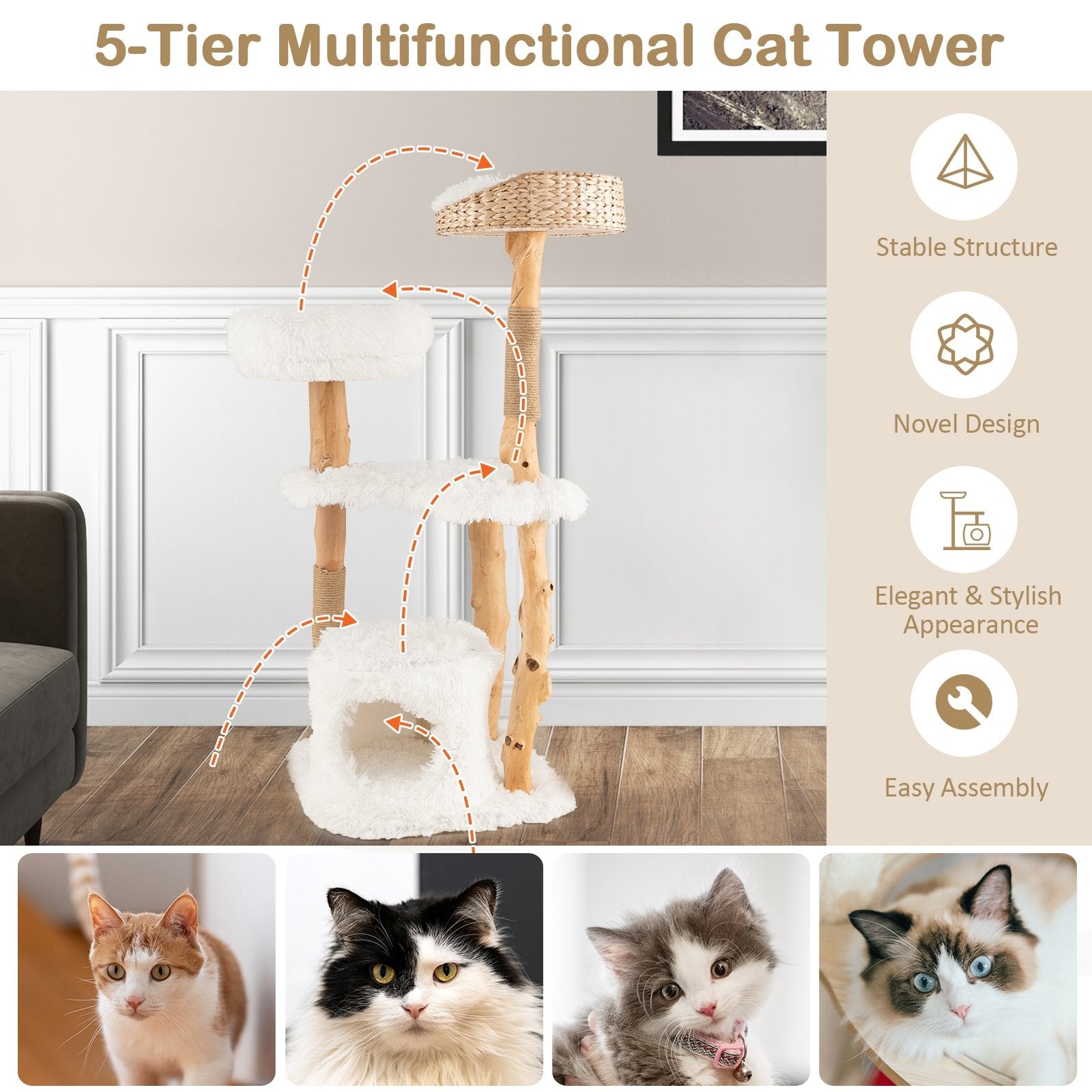 Solid Wood Cat Tower with Top Cattail Basket Cat Bed for Indoor Cats, White Cat Trees Condos & Scratchers   at Gallery Canada