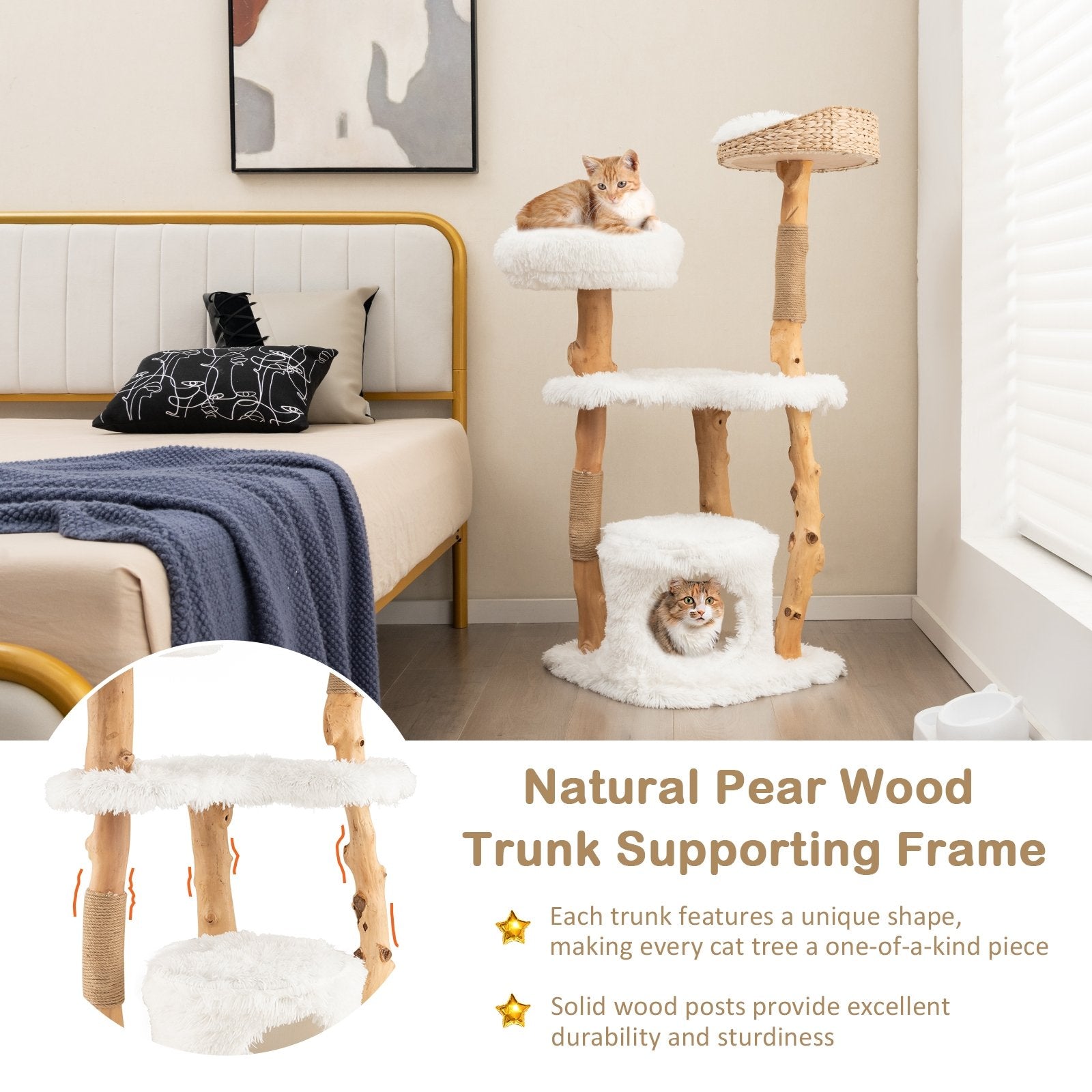 Solid Wood Cat Tower with Top Cattail Basket Cat Bed for Indoor Cats, White Cat Trees Condos & Scratchers   at Gallery Canada