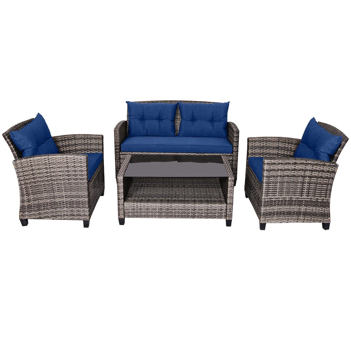 4 Pieces Patio Rattan Furniture Set Coffee Table Cushioned Sofa, Navy Patio Conversation Sets   at Gallery Canada